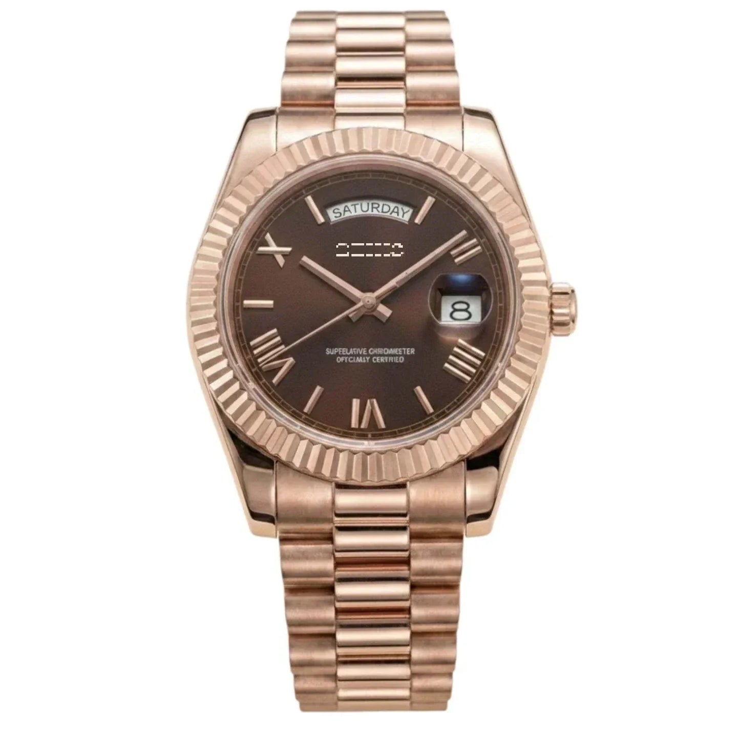 Modded Seiko watch with chocolate Roman numeral dial, day and date display by Modtime Creations