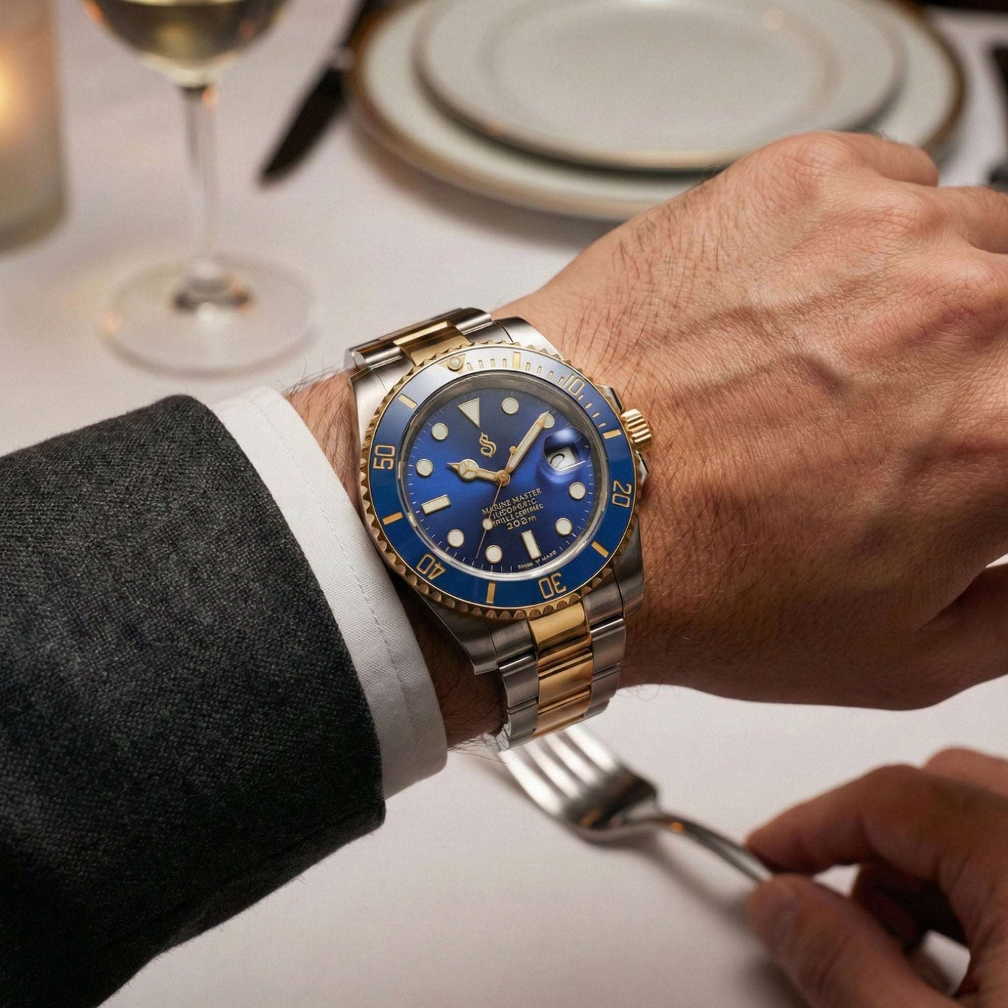 SeikMariner Two-Tone Blue Gold Smurf Seiko Mod luxury dive watch with sapphire crystal and NH35 automatic movement