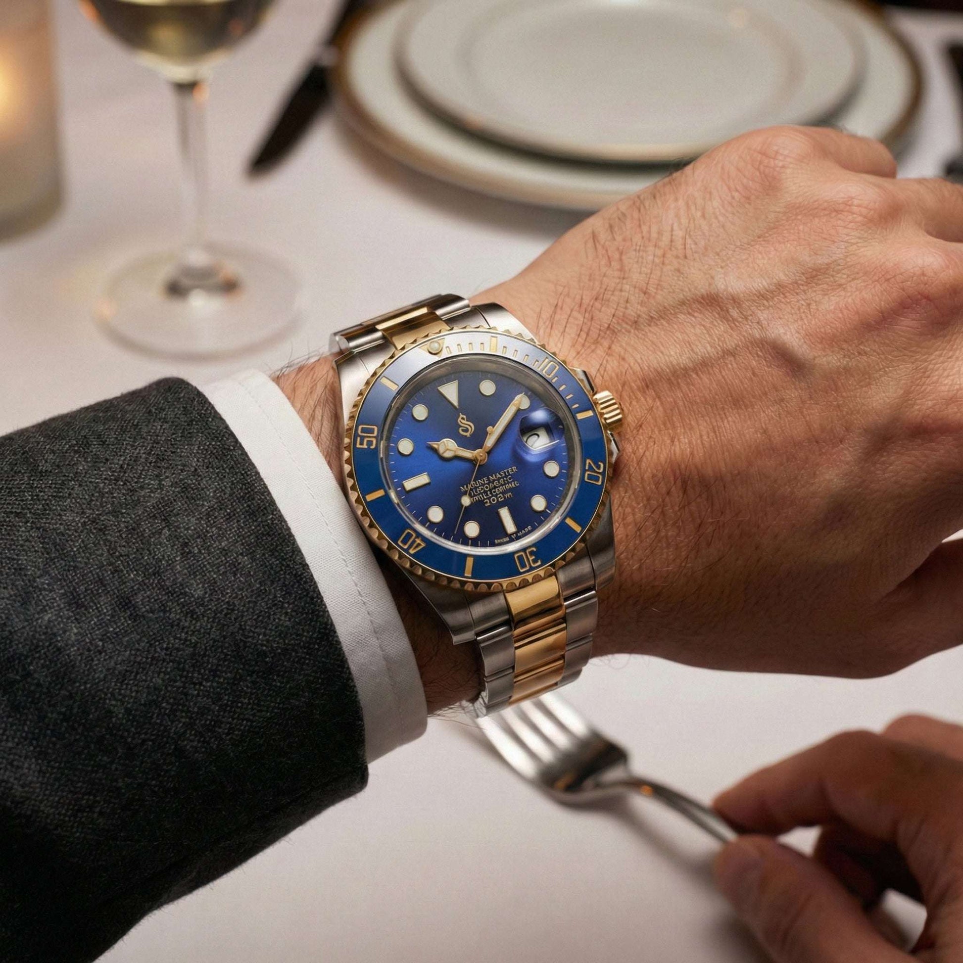 SeikMariner Two-Tone Blue Gold Smurf Seiko Mod luxury dive watch with sapphire crystal and NH35 automatic movement