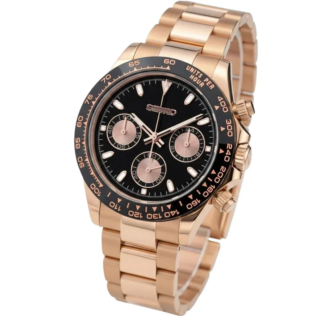 Seitona rose gold Seiko mod watch with black dial and bezel by Modtime