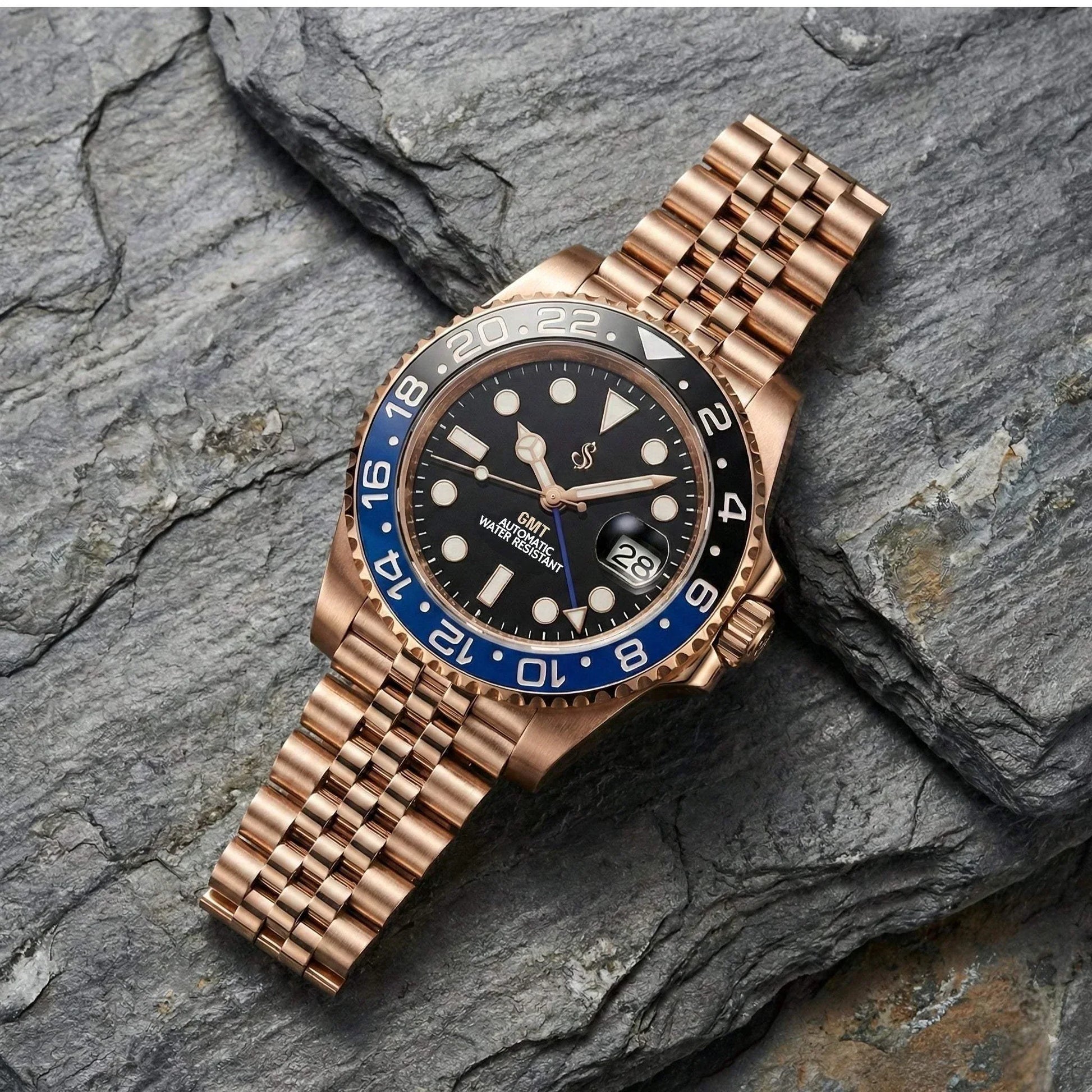 SeikMariner GMT Batman rose gold modded Seiko watch with black dial and ceramic bezel