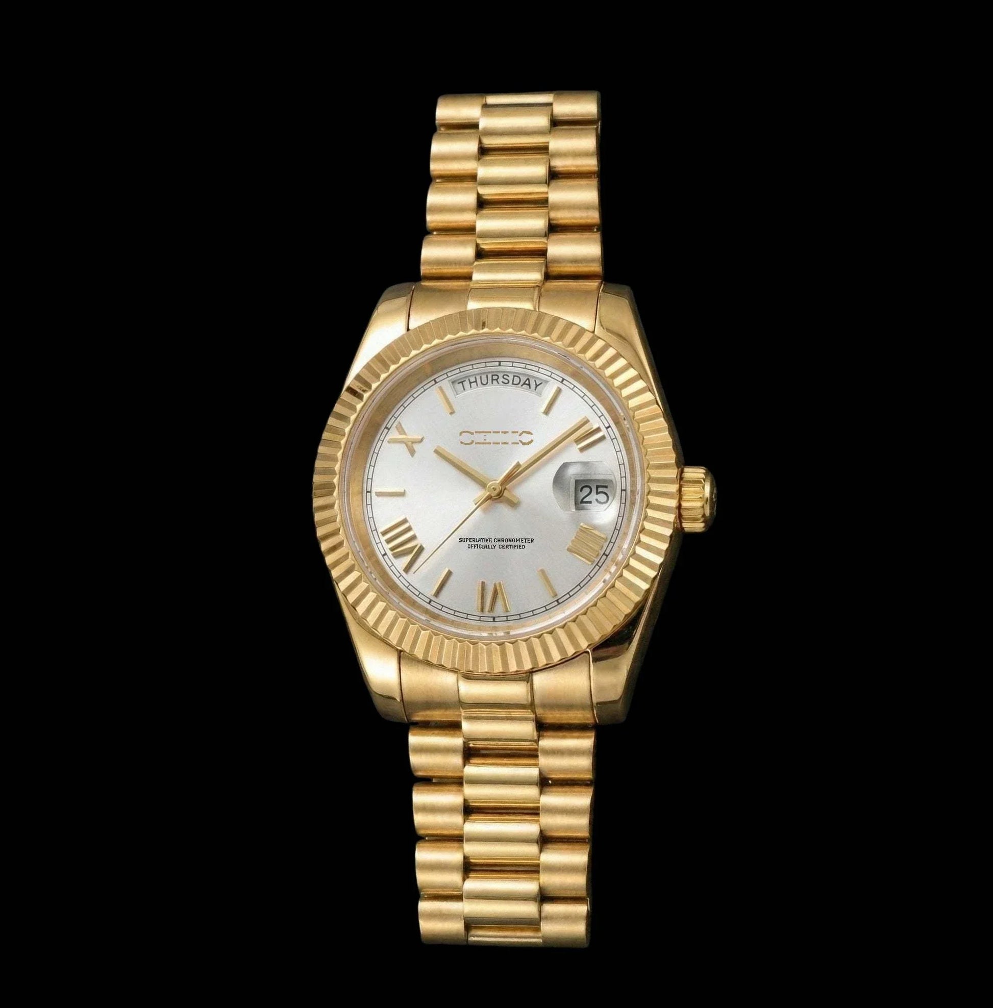 Gold Modtime watch with white Roman numerals dial and day-date feature, luxury modded Seiko style