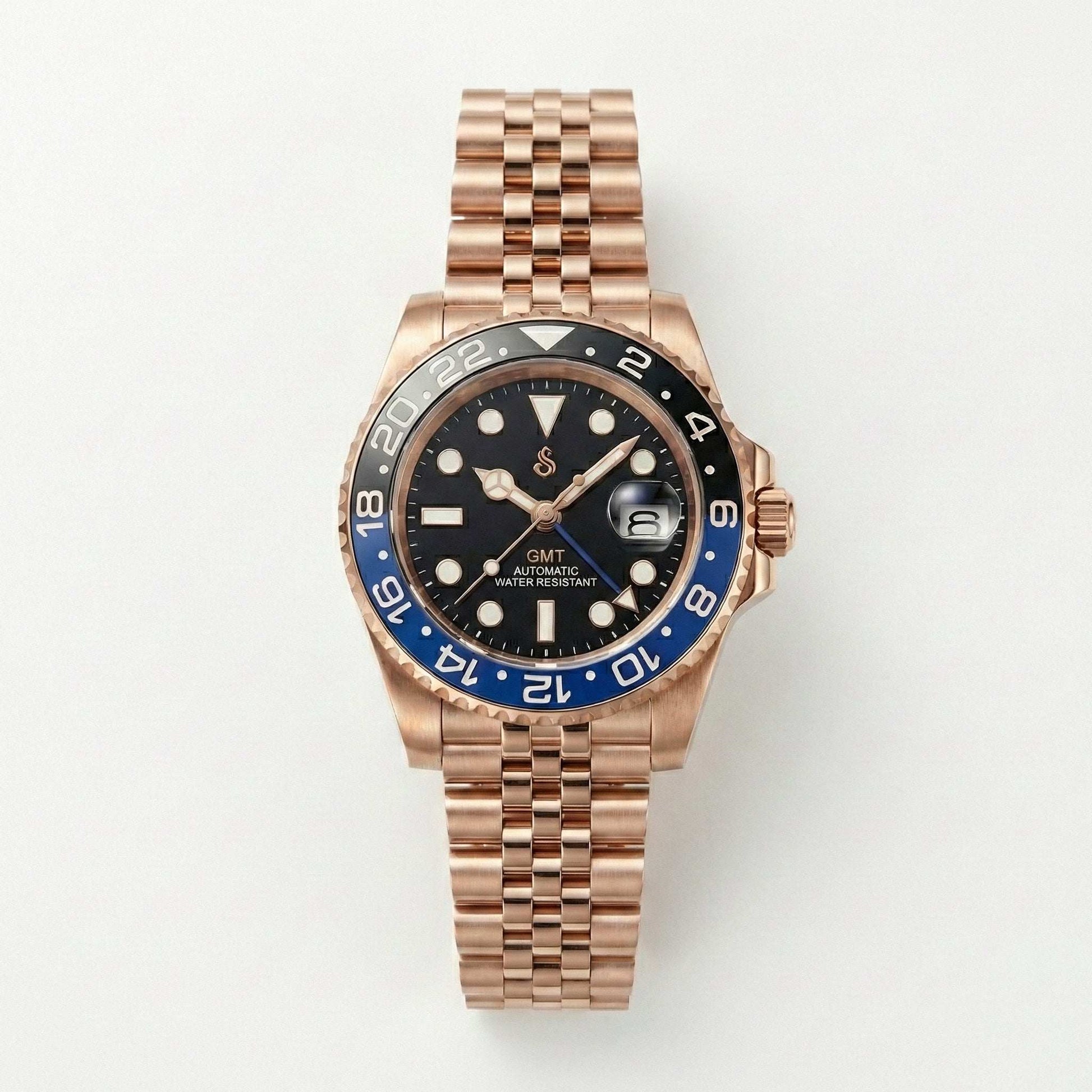 Modded Seiko SeikMariner GMT Batman Rose Gold watch with black dial and ceramic bezel