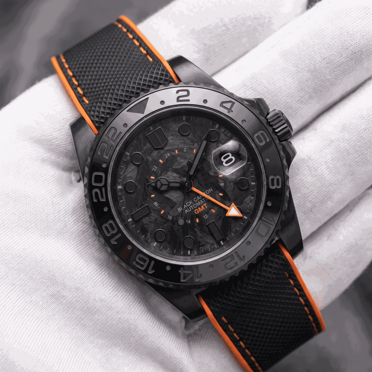 SeikMariner Carbon Fiber Black Orange Stealth GMT Mod Watch - Modtime Creations