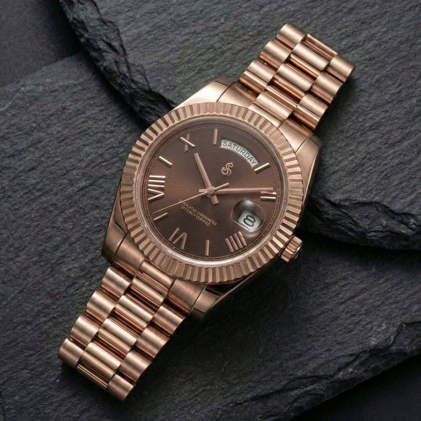 Modded Seiko luxury watch with day and date chocolate Roman numeral dial by Modtime Creations