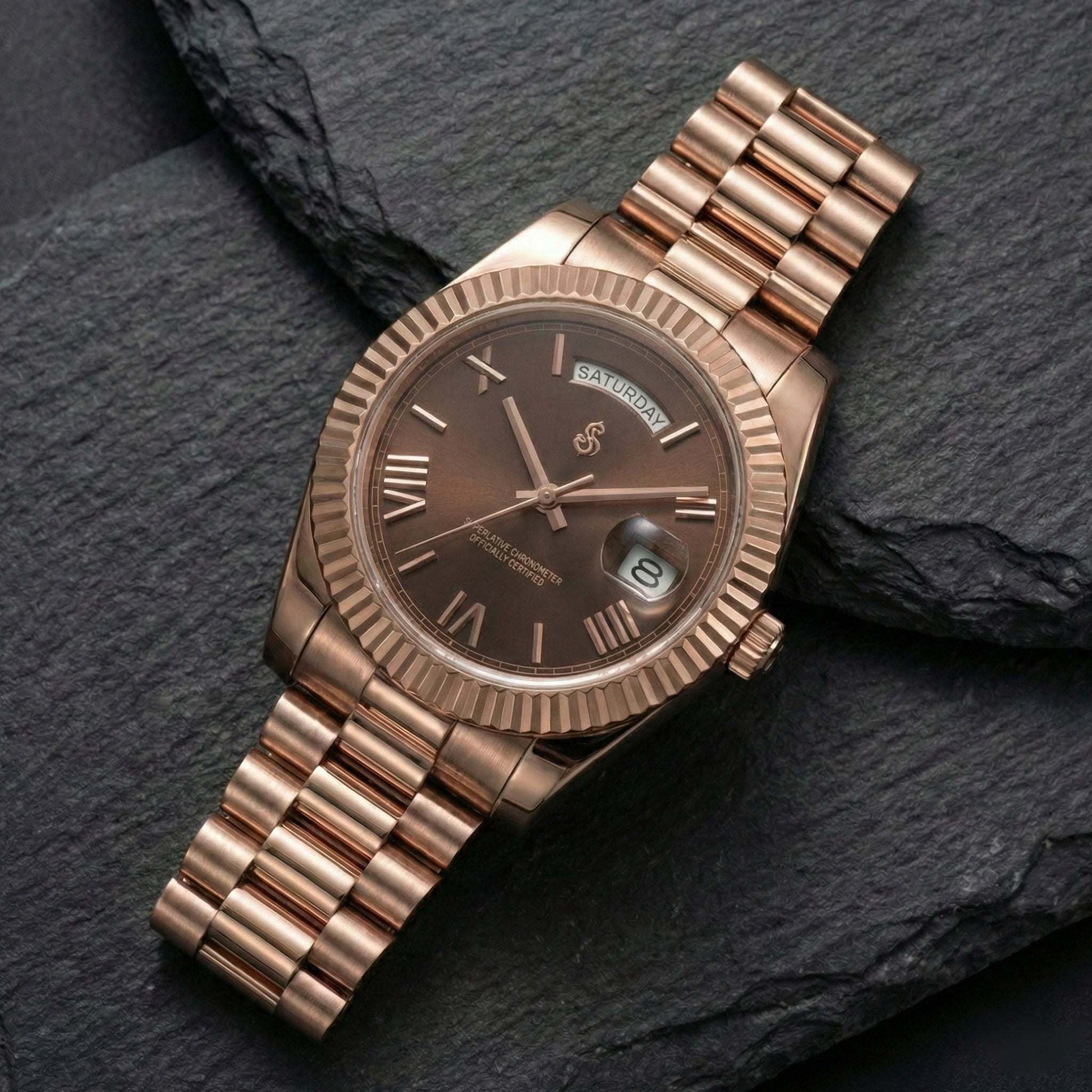 Modded Seiko luxury watch with day and date chocolate Roman numeral dial by Modtime Creations