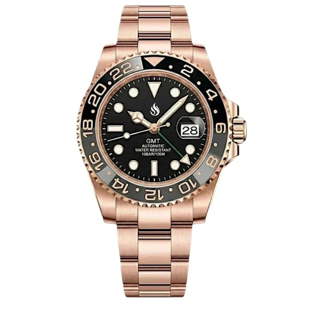 Seiko Mod GMT Bruce Wayne rose gold watch with grey black dial and ceramic bezel by Modtime