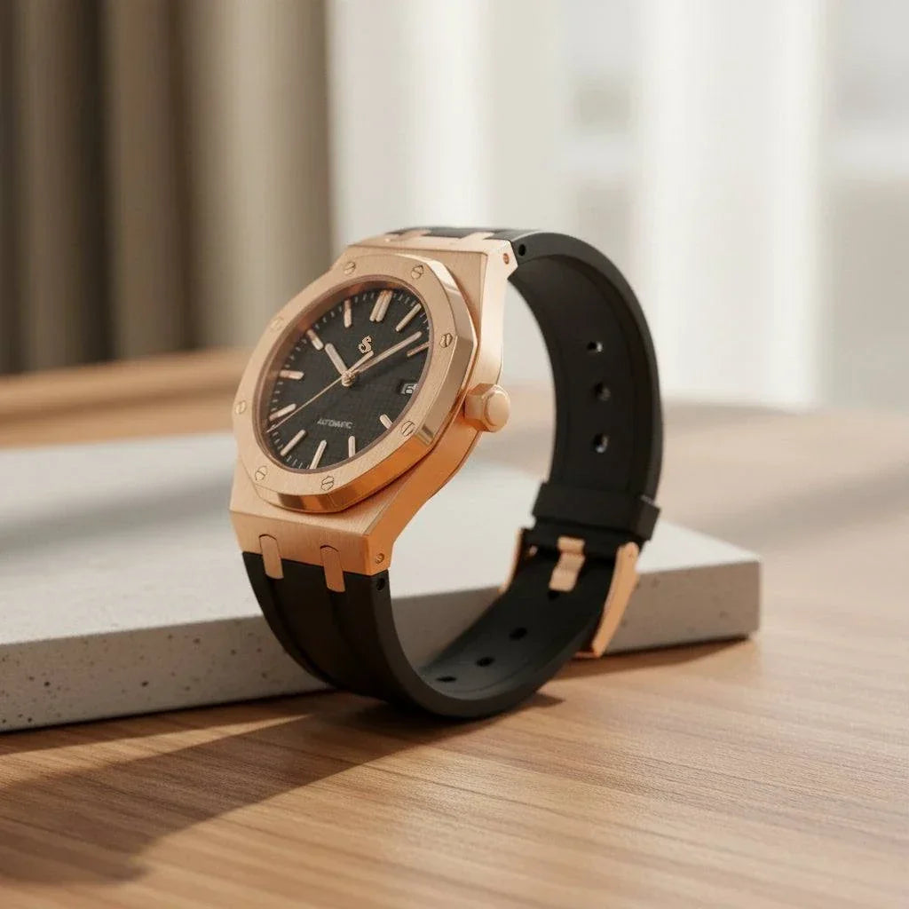 Rose gold Seiko mod watch with black dial by Modtime Creations