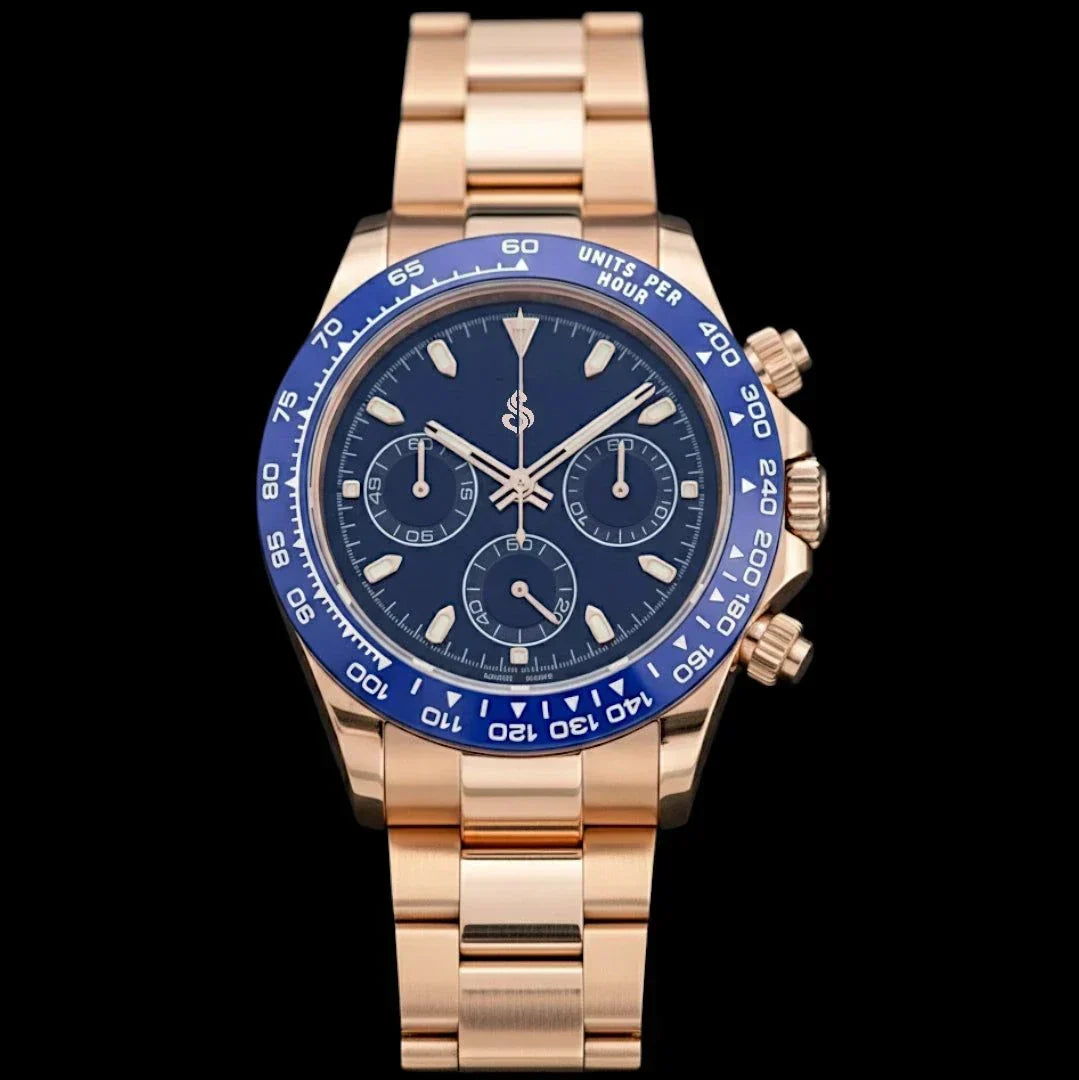 Seiko Mod Seitona rose gold watch with dark blue dial and ceramic bezel
