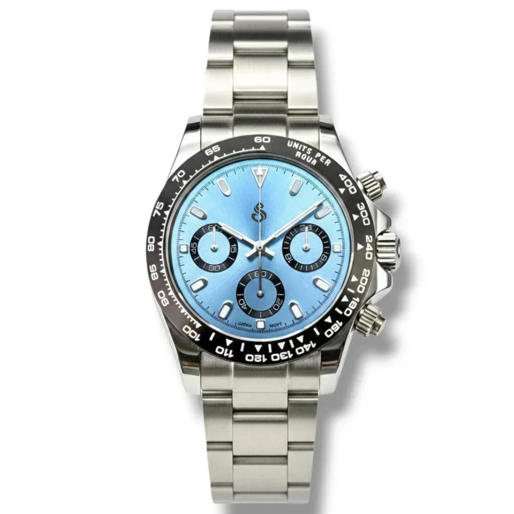 Seitona light blue platinum Seiko mod luxury chronograph watch with stainless steel case and sapphire crystal glass