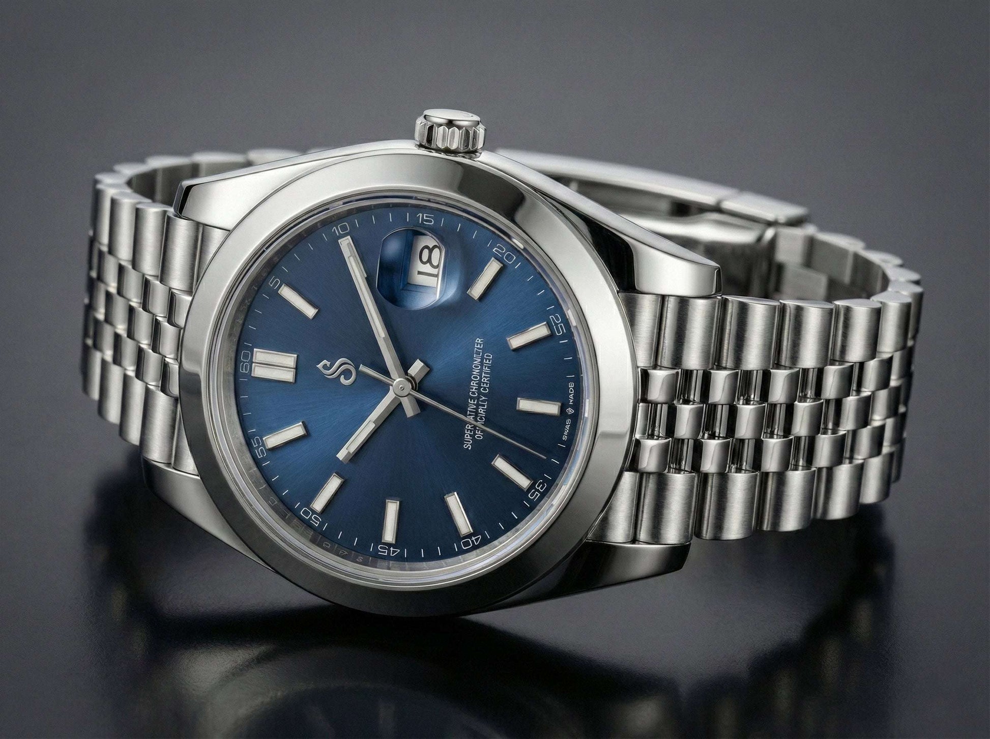 Seiko mod watch with silver blue dial and date window by Modtime Creations
