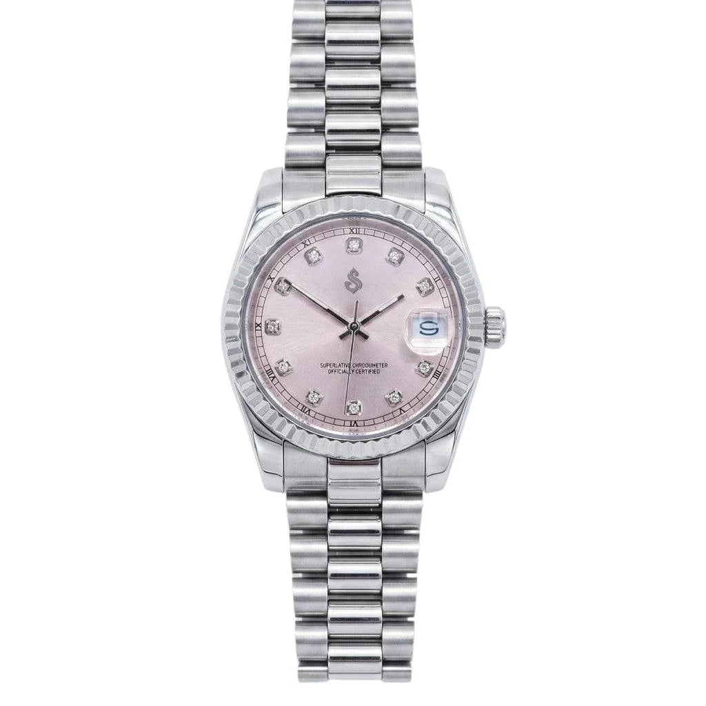 Seiko Modtime Luxury Mod watch with pink gem dial and date window