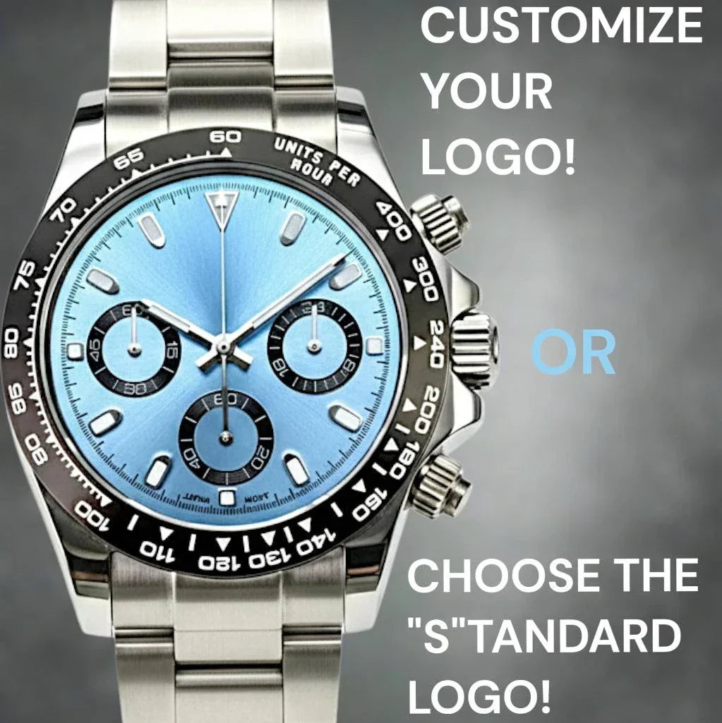 Seitona light blue platinum Seiko Mod luxury chronograph watch with stainless steel bracelet