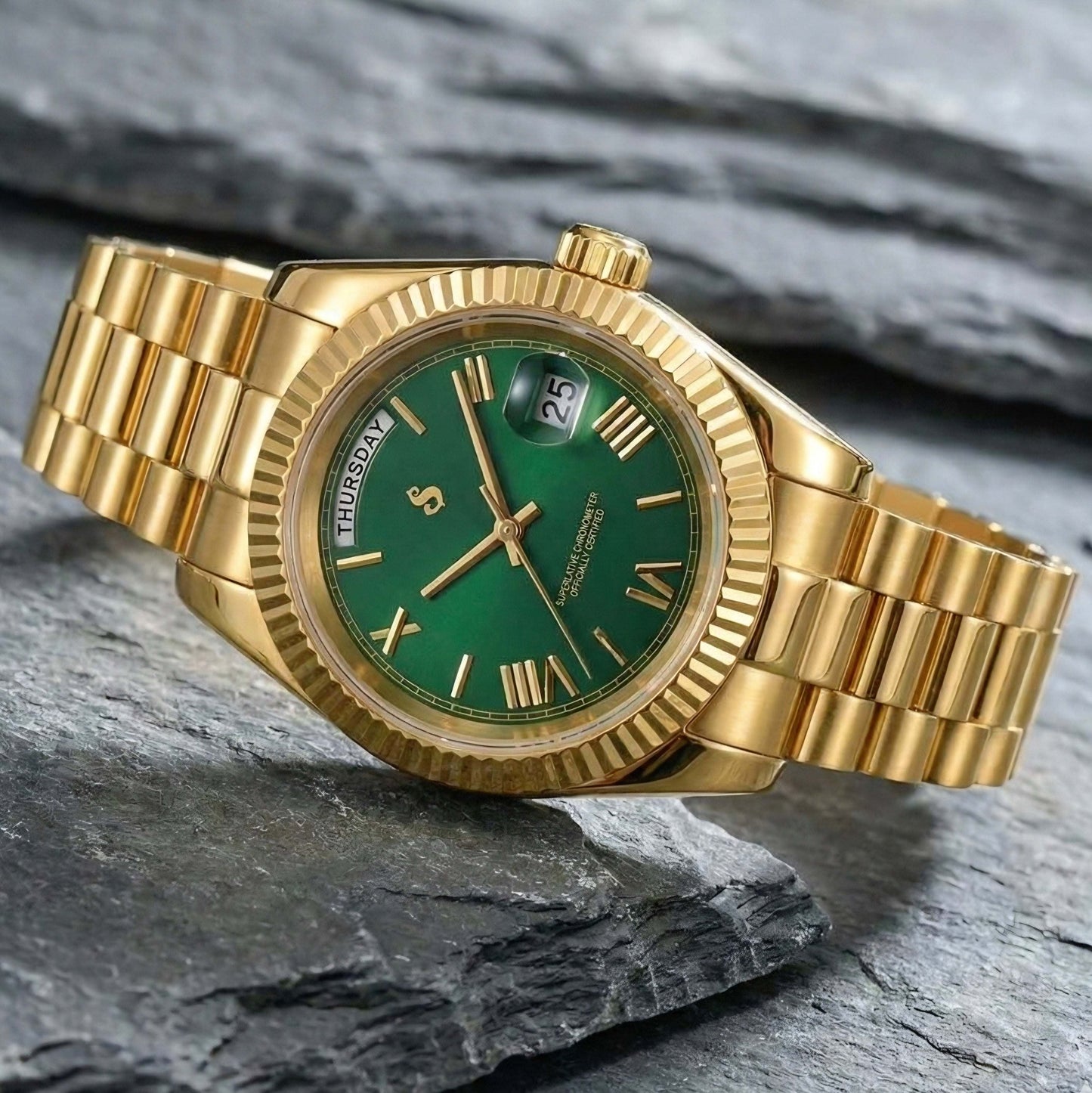 Modtime Luxury Mod watch with green numeral day and date dial, automatic Miyota movement, stainless steel case and sapphire crystal