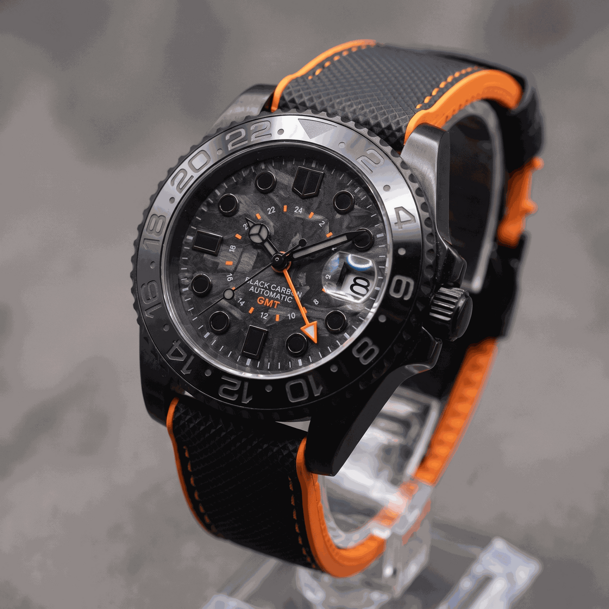 SeikMariner Carbon Fiber Black Orange Stealth GMT Mod Watch - Modtime Creations