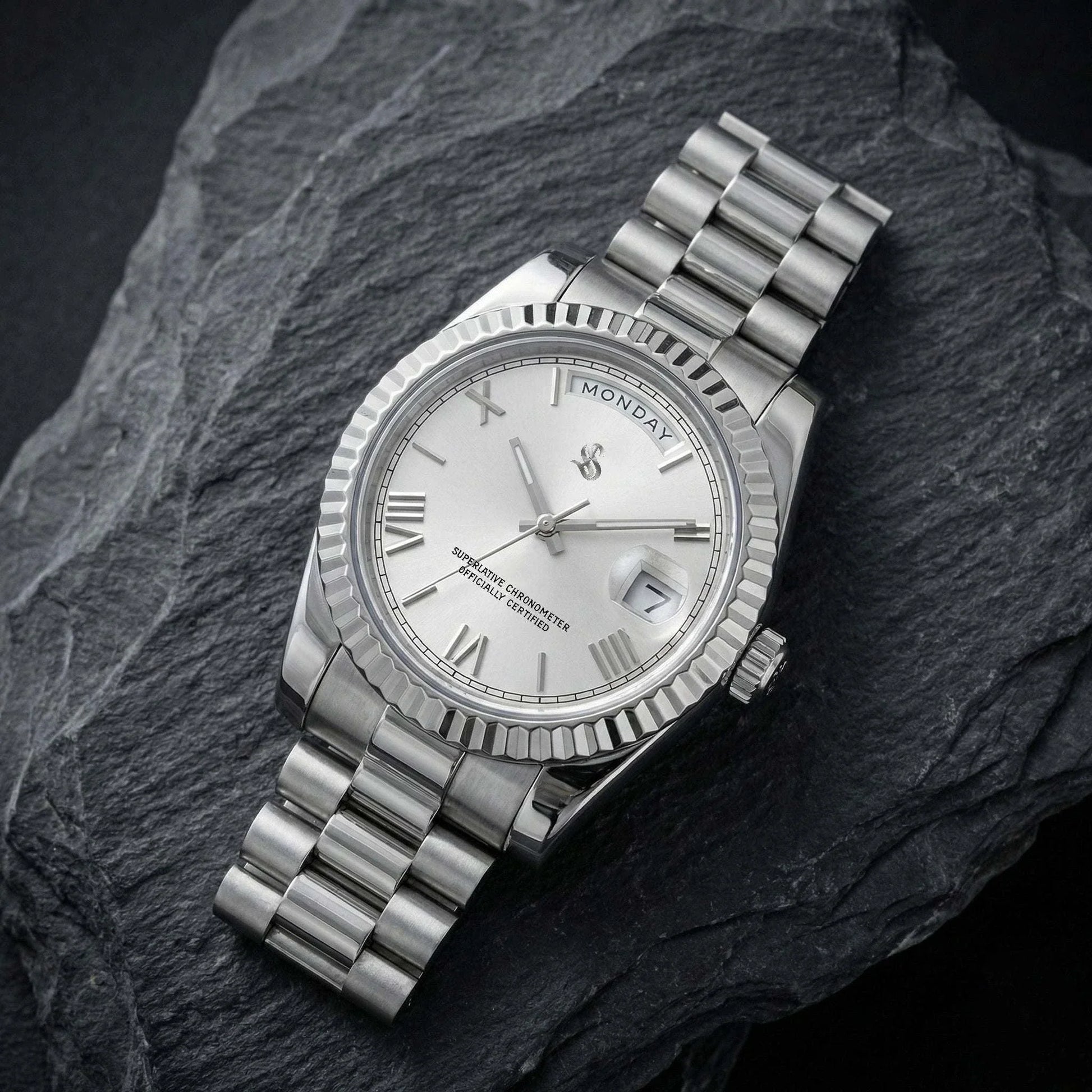 Modtime Creations Modded Seiko luxury day and date watch with silver white dial and stainless steel case