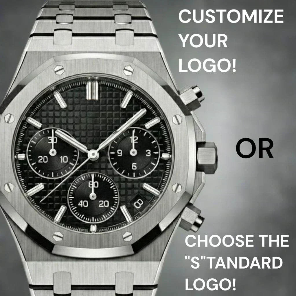 Modded Seiko Heritage Oak SeiOak Chronograph black dial luxury watch with stainless steel bracelet