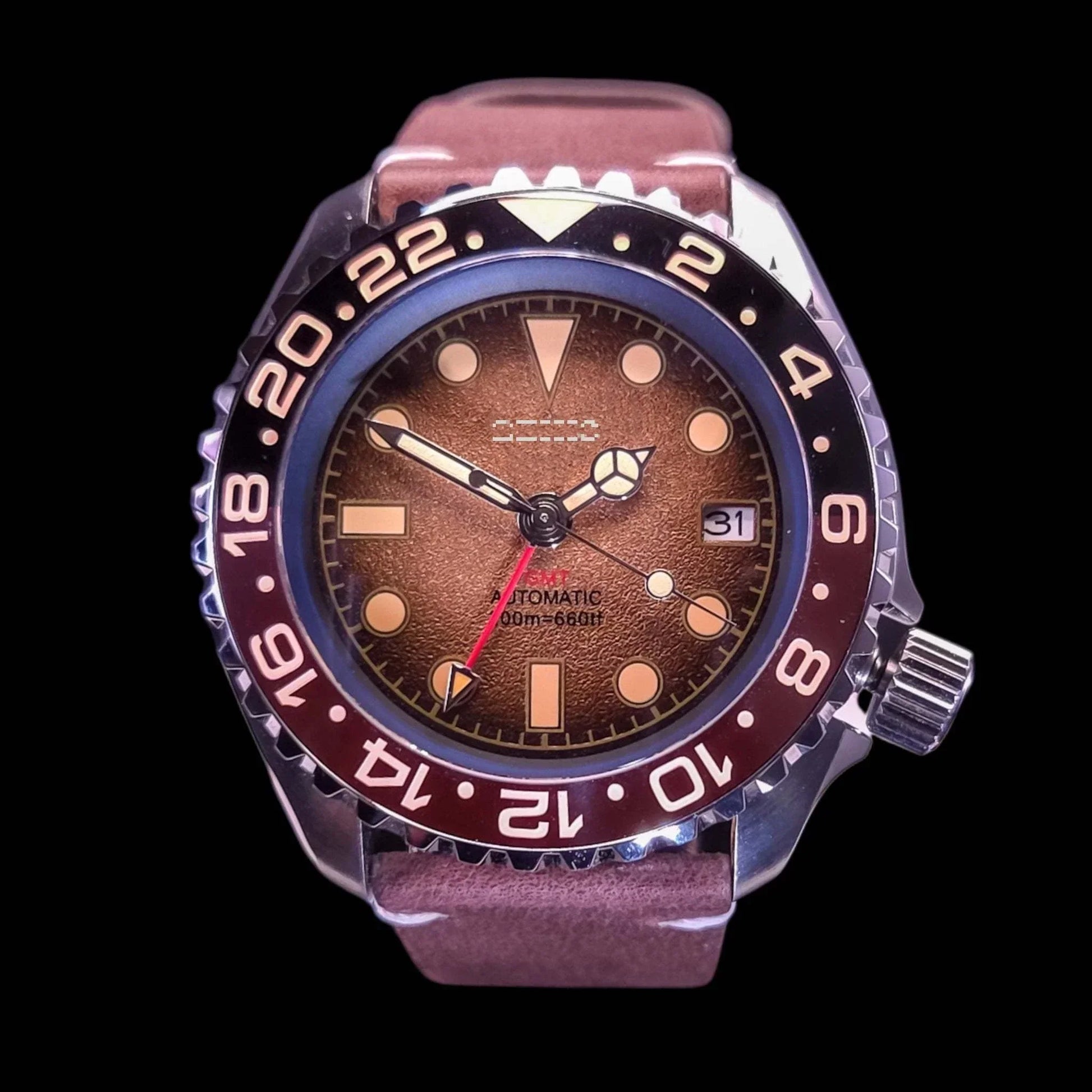 42mm Seiko Mod "Root Beer" GMT diver watch with black and brown dial, ceramic bezel, and stainless steel case by Modtime Creations
