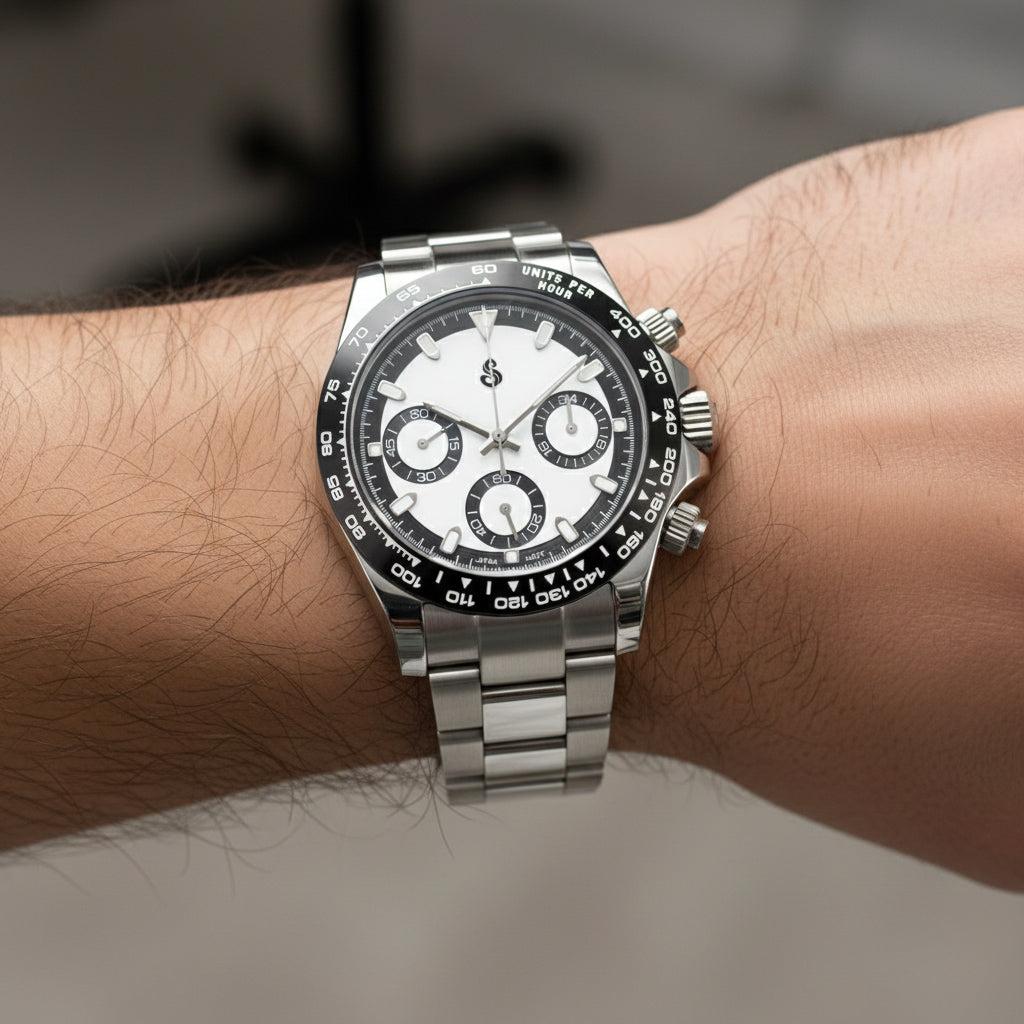 Seiko Mod Seitona White black dial chronograph with stainless steel case and bracelet