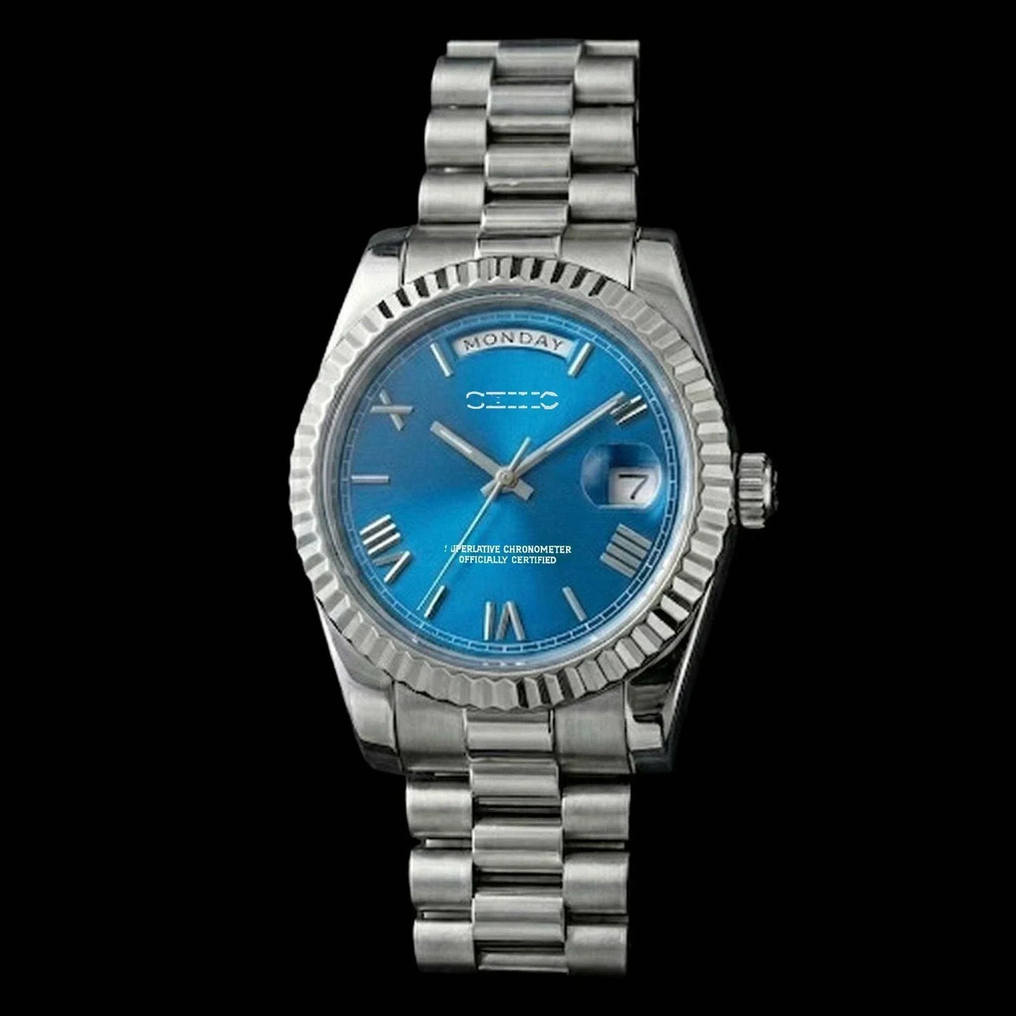 Modded Seiko Day & Date watch with royal blue dial by Modtime Creations