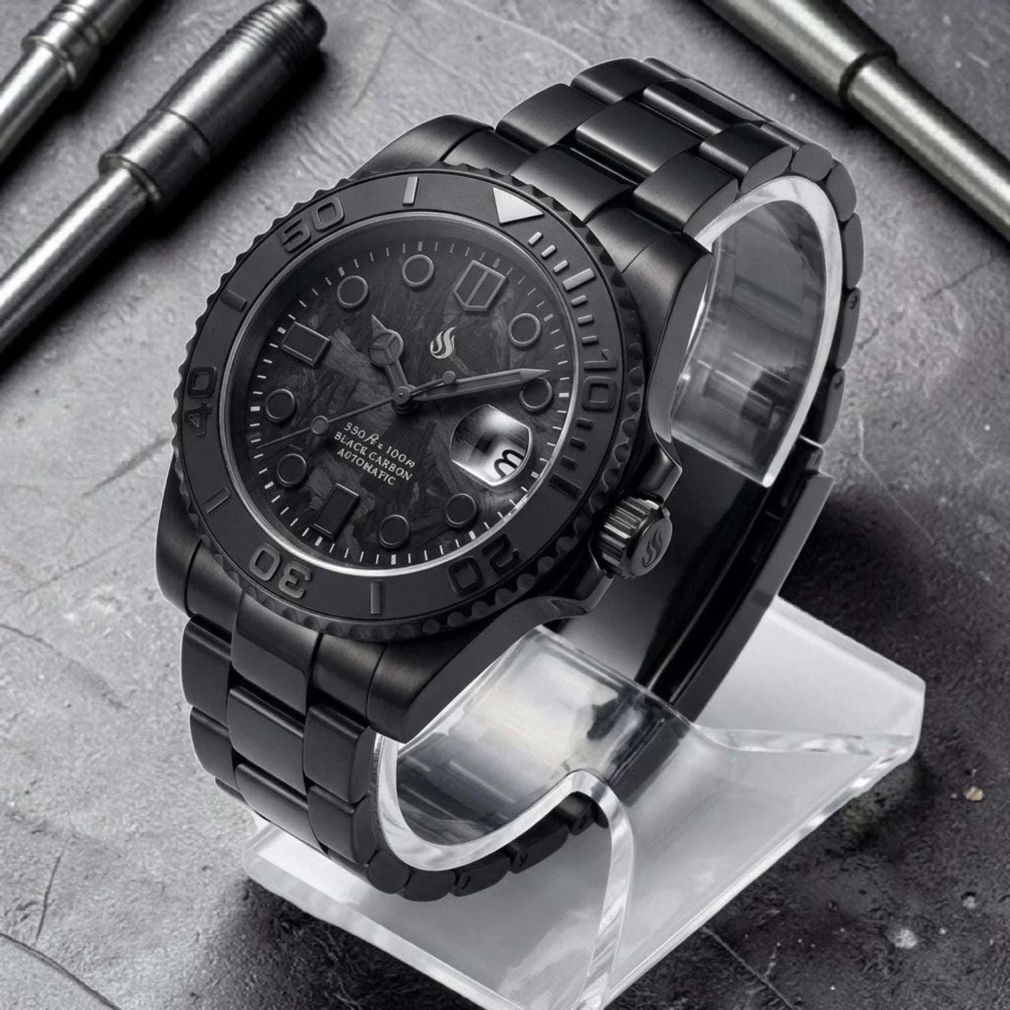Seiko Mod Yachtmaster Black Carbon Fiber Stealth Diver - Modtime Creations