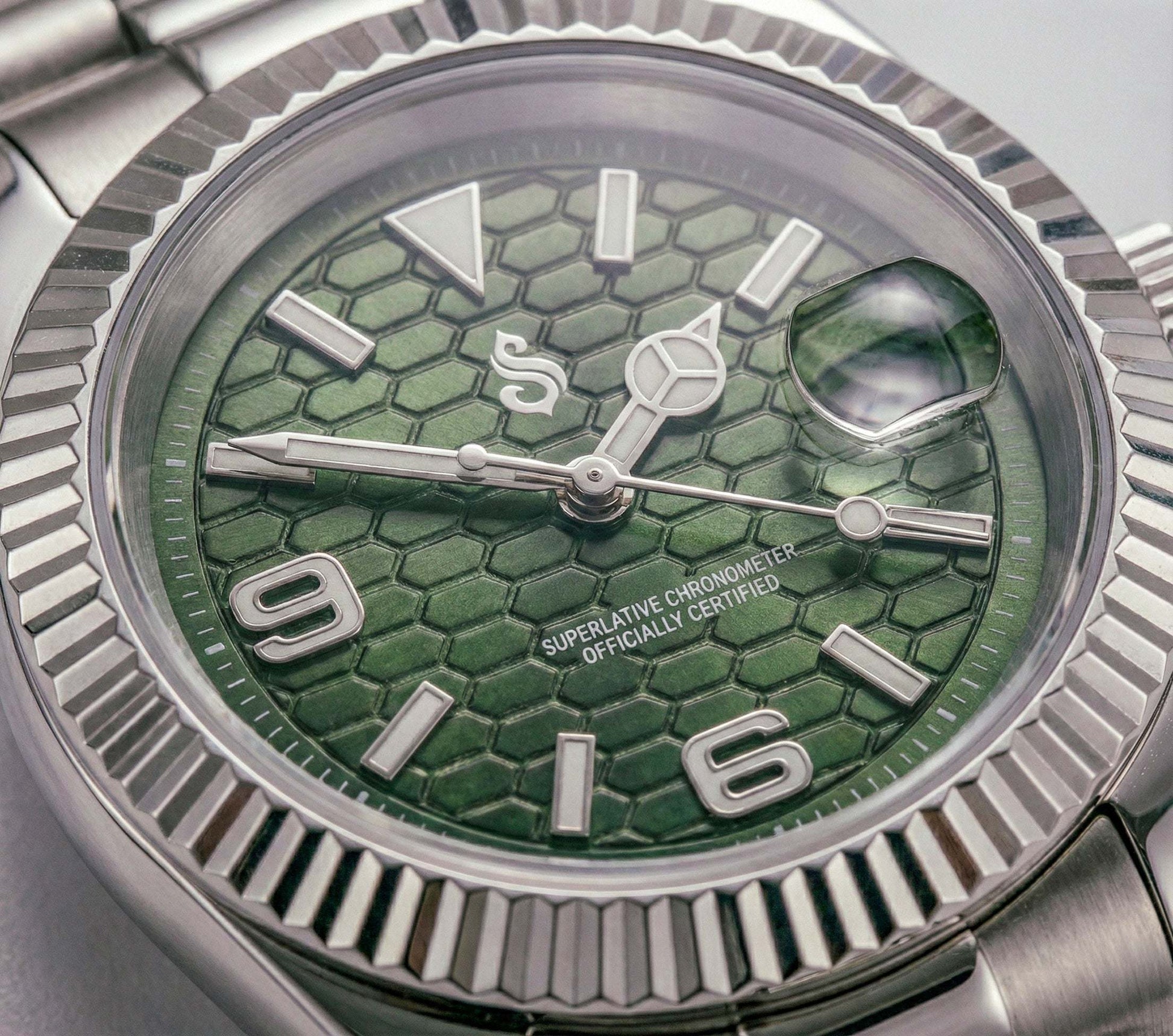 SeikJust silver green dial watch with date window by Modtime Creations featuring NH35 automatic movement and sapphire crystal