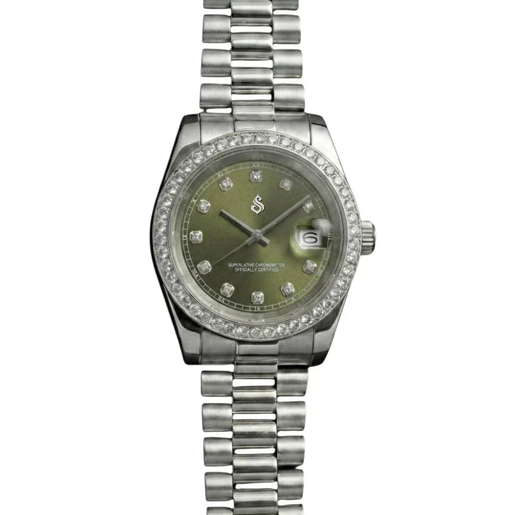 Seiko Mod SeikoJust olive green dial watch with bling bezel by Modtime Creations