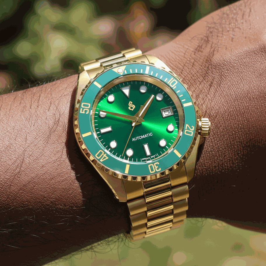 Seiko Mod Submariner Green Gold luxury diver watch with NH35 automatic movement and sapphire crystal