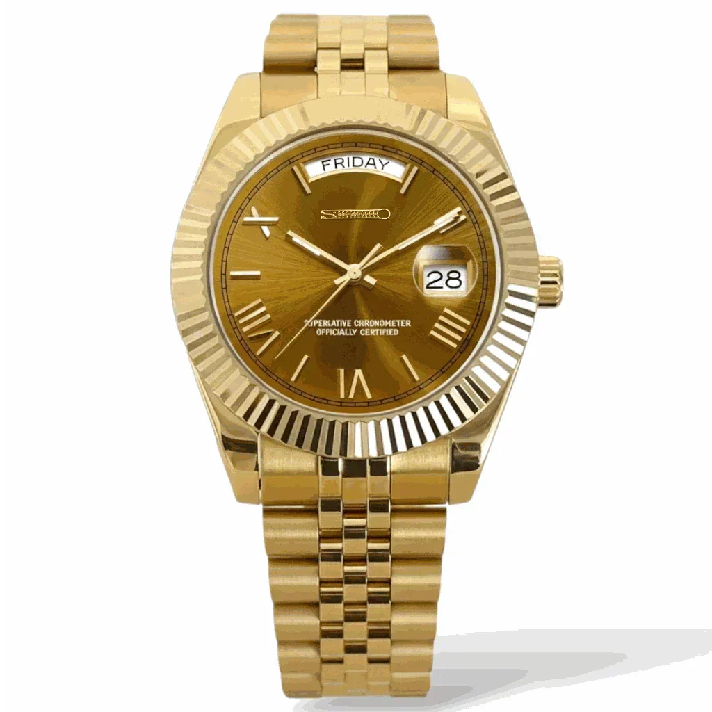 Modtime Luxury Mod day and date watch with gold chocolate Roman numerals dial, Seiko Mod style