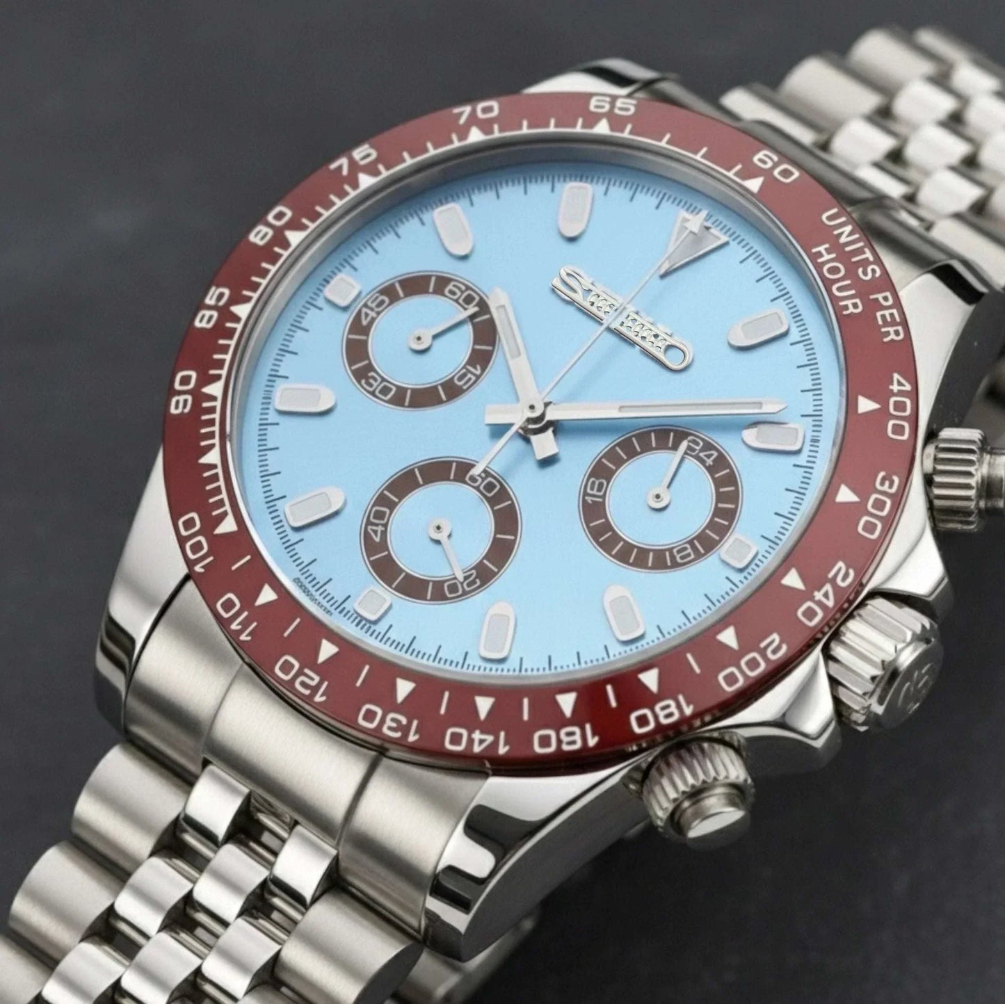 Seitona light blue dial brown bezel Seiko mod luxury chronograph watch