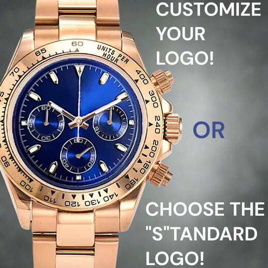 Seiko Mod Seitona rose gold watch with dark blue dial and chronograph features