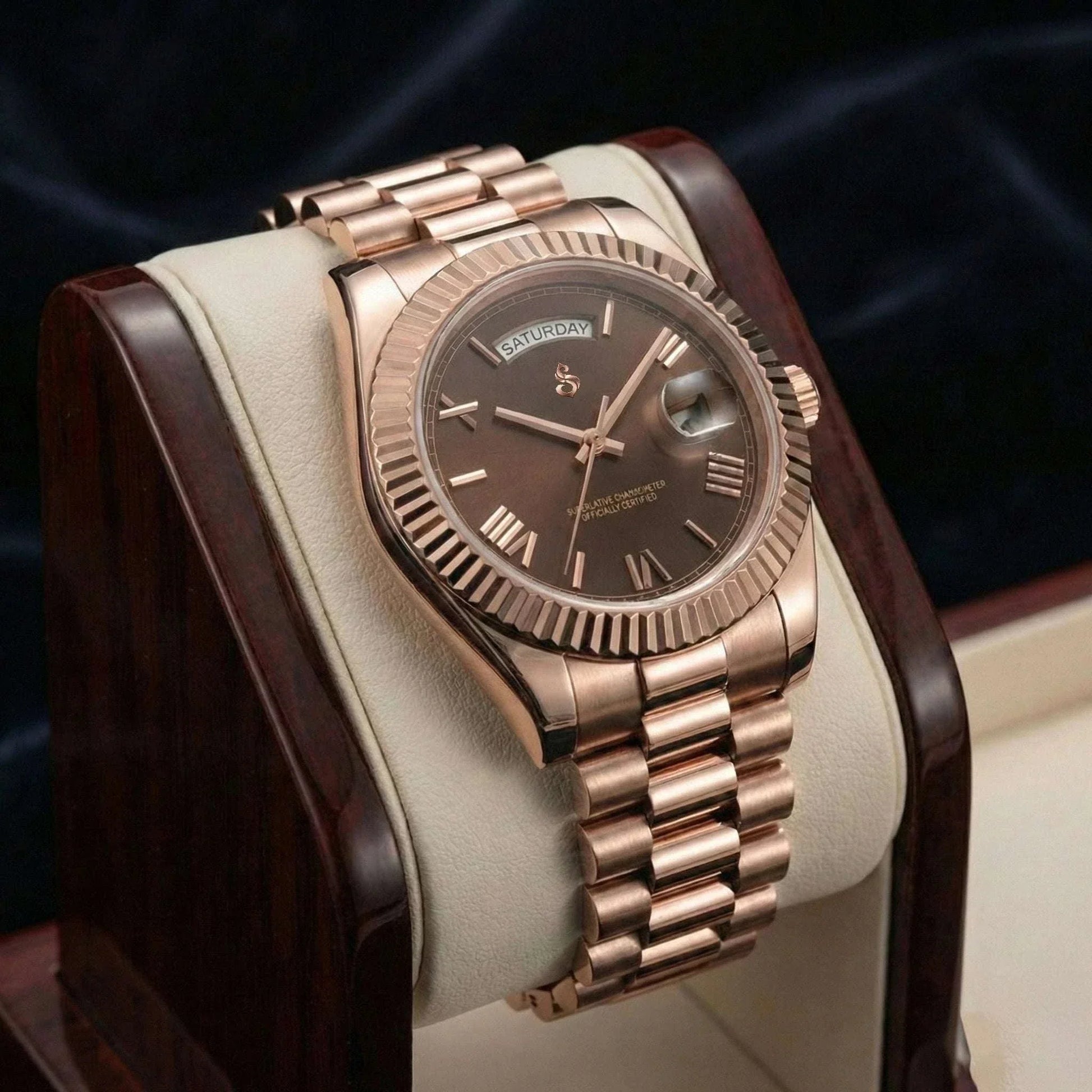 Modded Seiko luxury watch with chocolate Roman numeral day and date dial by Modtime
