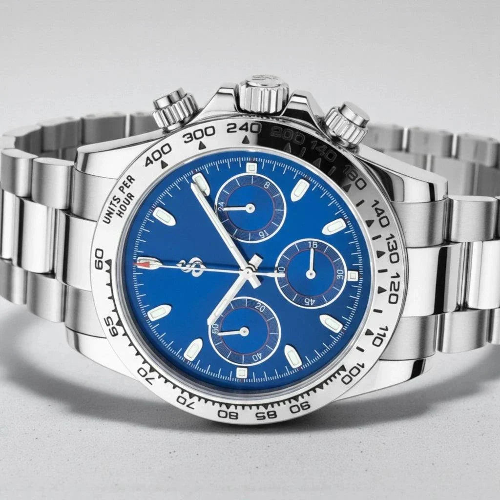 Seitona Seiko Mod watch with silver case and dazzling blue dial, VK63 hybrid chronograph, sapphire crystal, and stainless steel bracelet