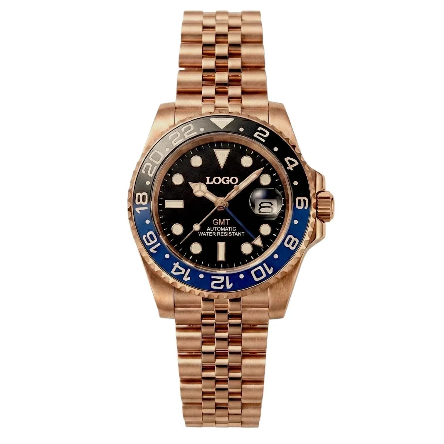 SeikMariner GMT Batman Rose Gold Modded Seiko luxury watch with black dial and ceramic bezel