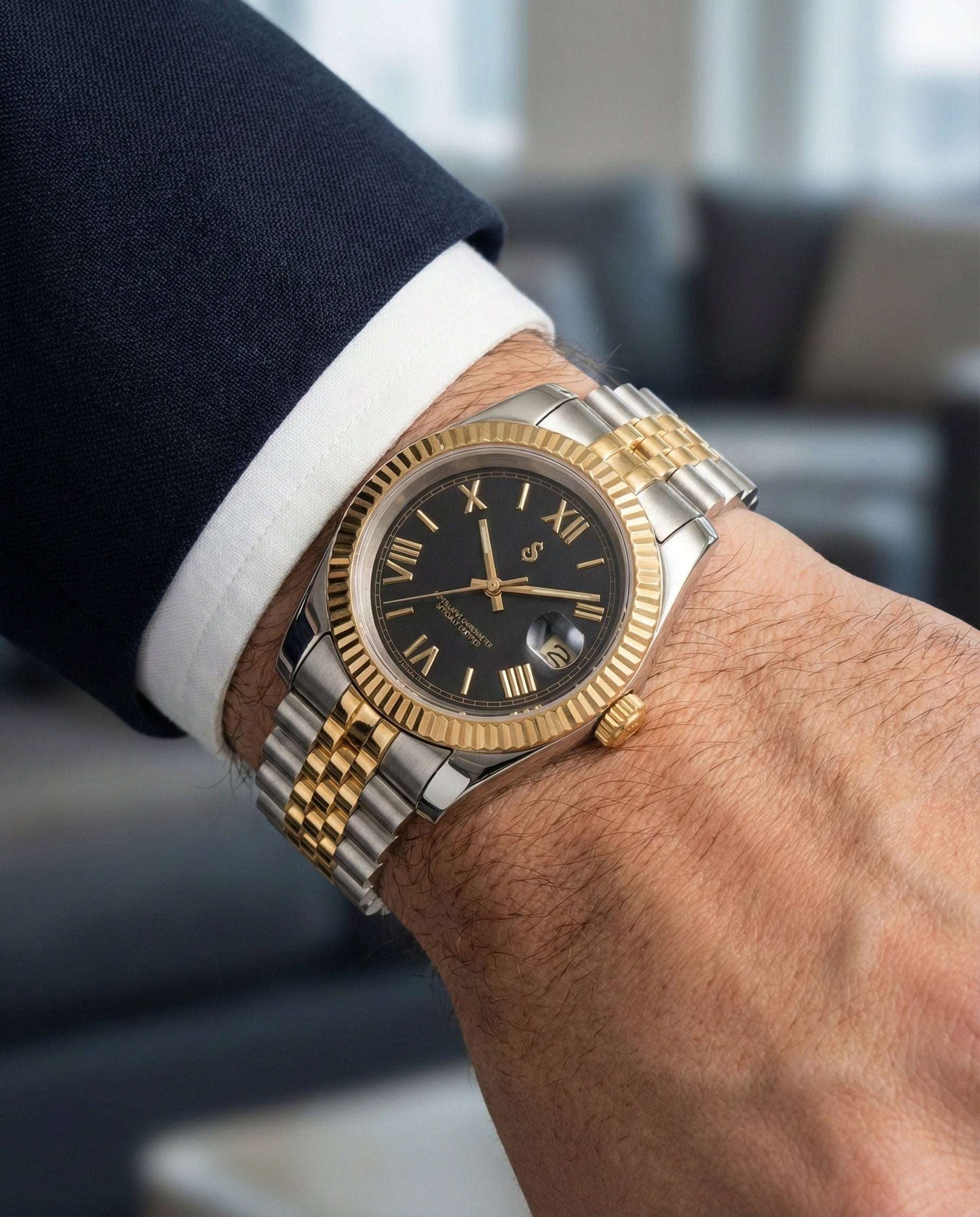 Seiko Modtime luxury watch with two-tone case, Roman numeral dial, and date window