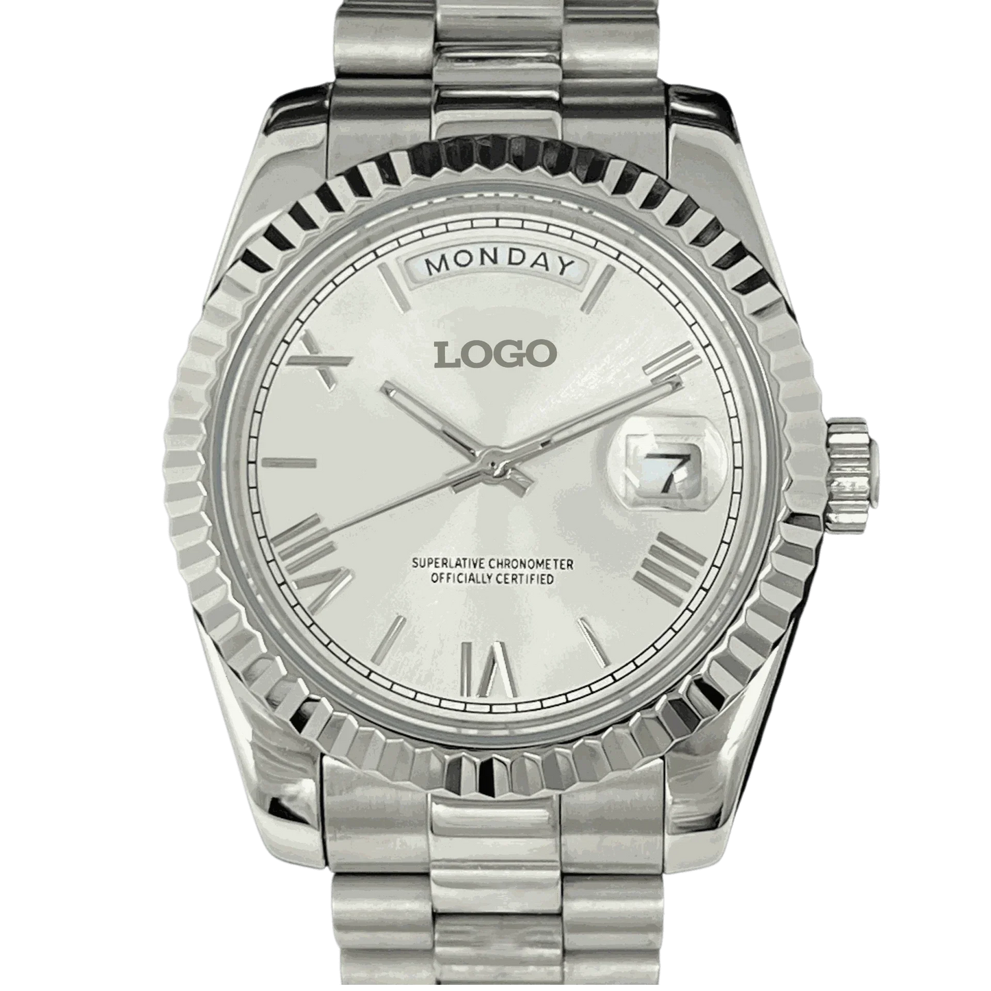 Modtime Creations modded Seiko watch with silver white day and date dial