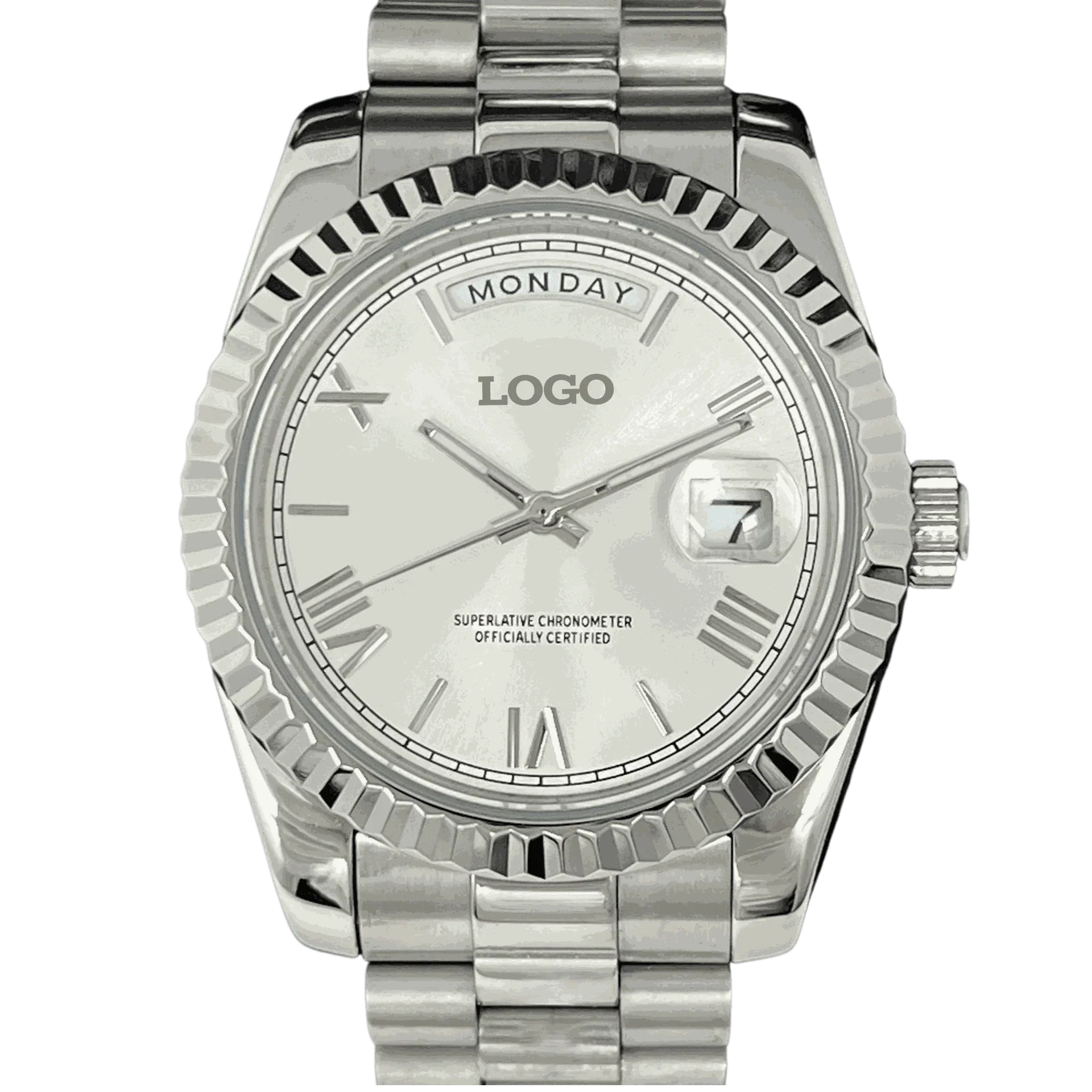 Modtime Creations modded Seiko watch with silver white day and date dial