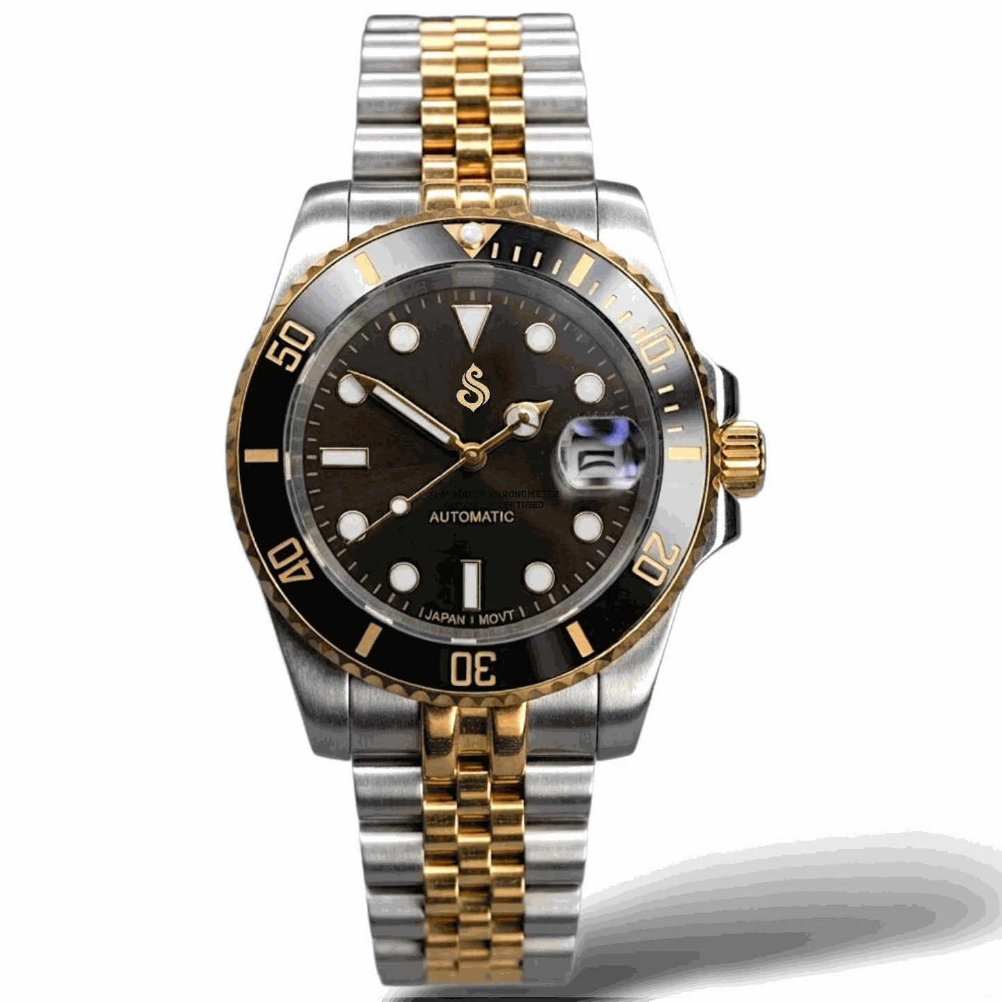 Seiko Mod Watches Submariner Black Gold two-tone diver watch with sapphire crystal and stainless steel case