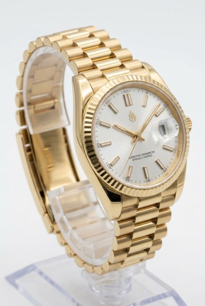 SeikJust Date Fenster Gold Weißes Zifferblatt Mod-Uhr - Modtime Creations