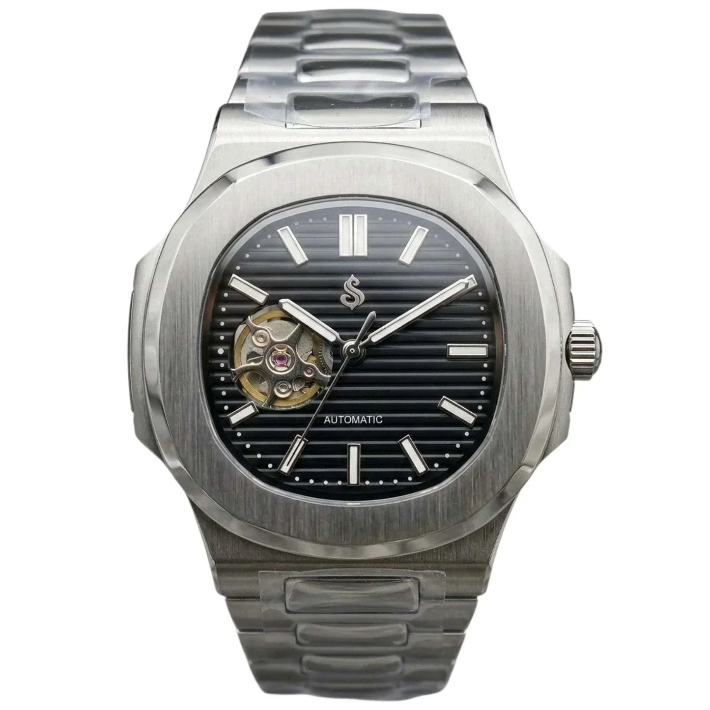 Seiko Mod Nautilus watch with open-heart black dial and stainless steel bracelet by Modtime Creations