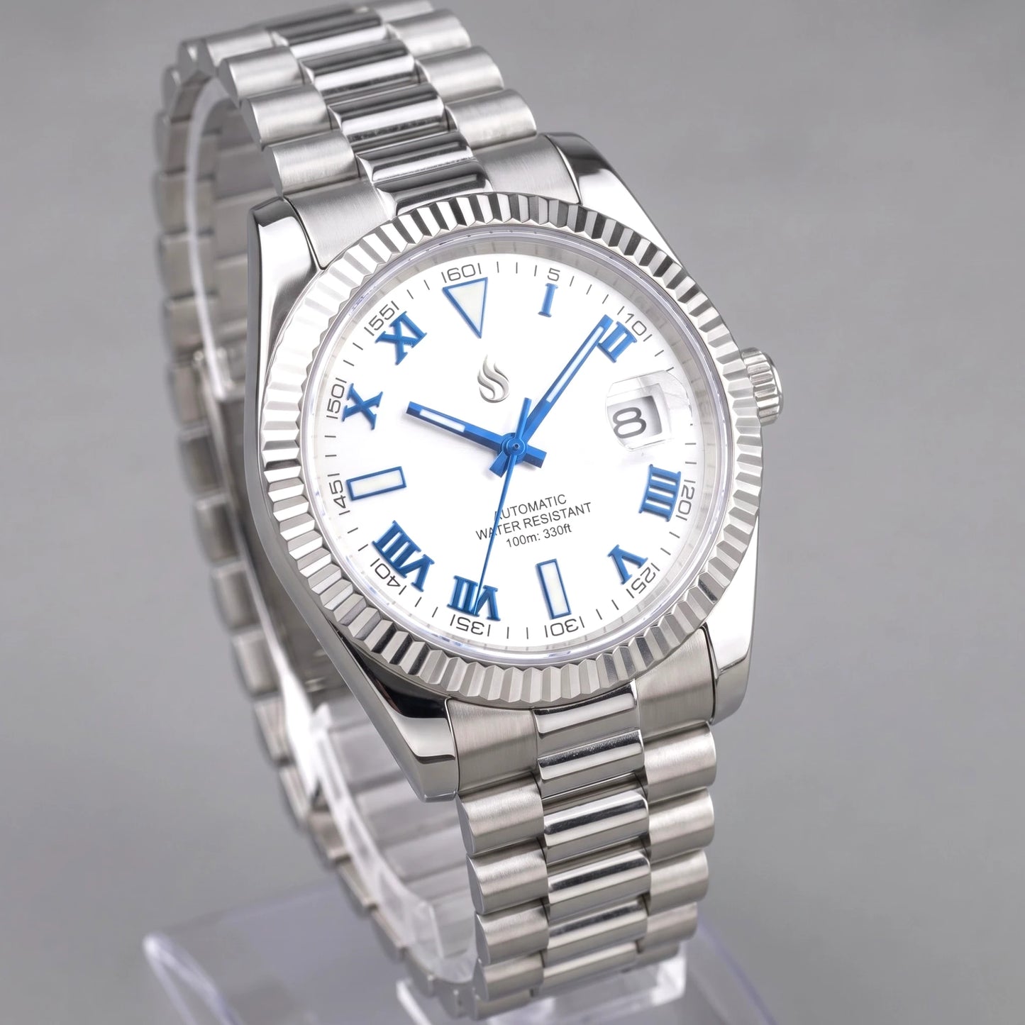 SeikJust Date Window White Blue Roman Numeral Dial Mod Watch - Modtime Creations