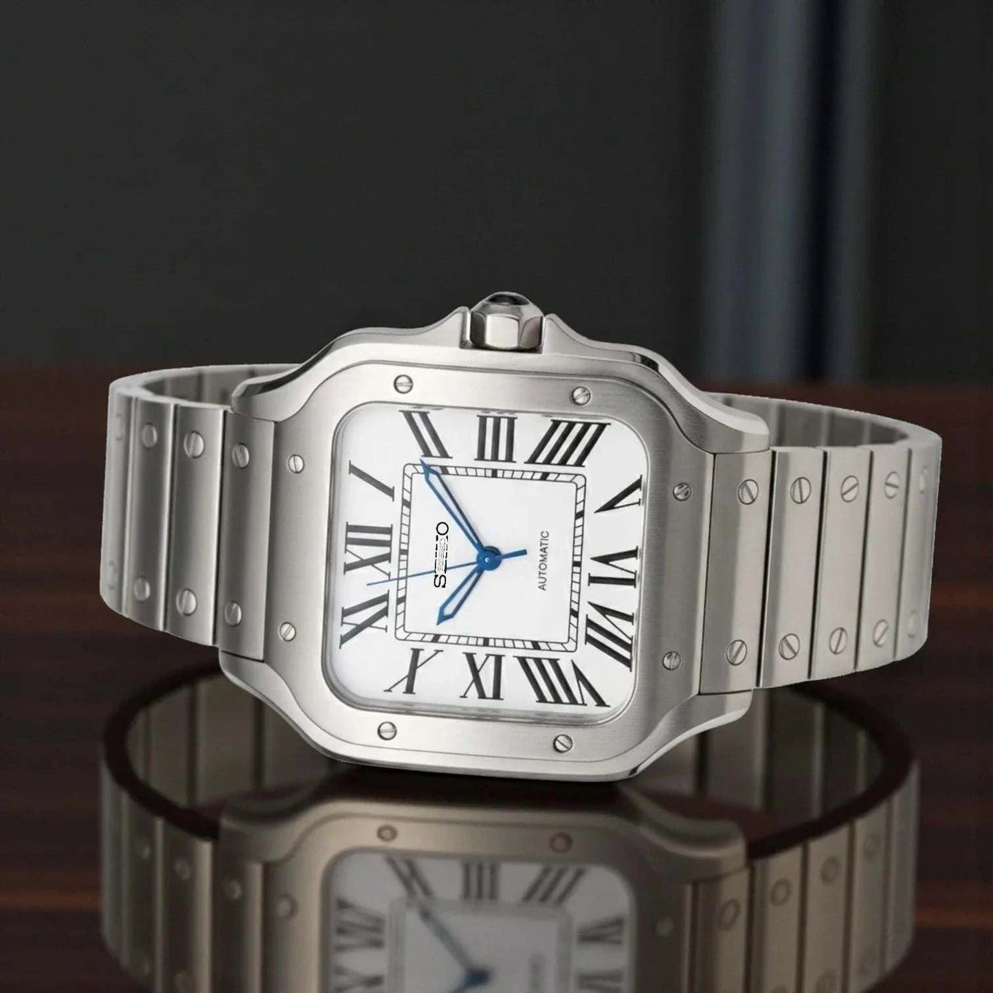 Santeiko silver case Seiko mod watch with white dial and stainless steel bracelet