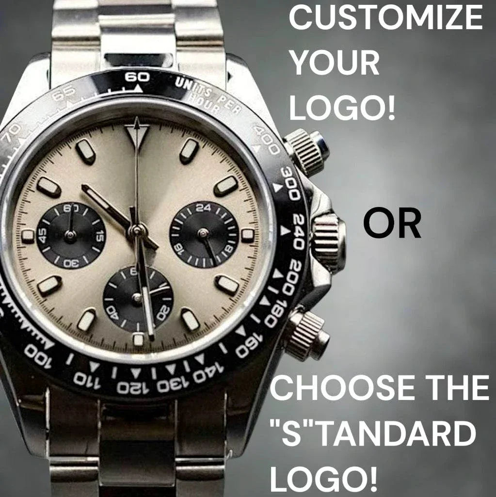 Seitona Silver Black Dial Chronograph Seiko Mod with stainless steel bracelet and ceramic bezel