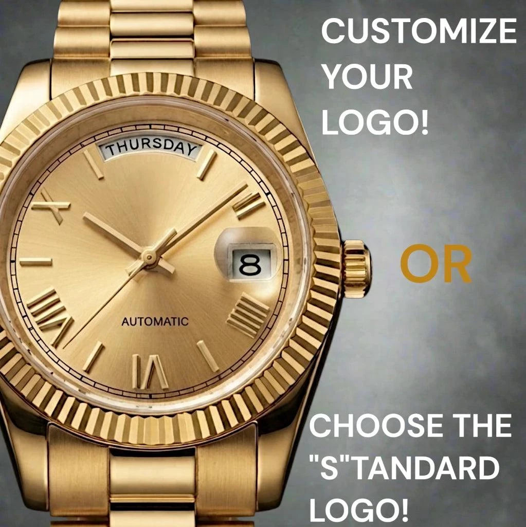 Modded Seiko Daydate watch with gold Roman numerals, day and date display, and sapphire crystal dial by Modtime Creations 