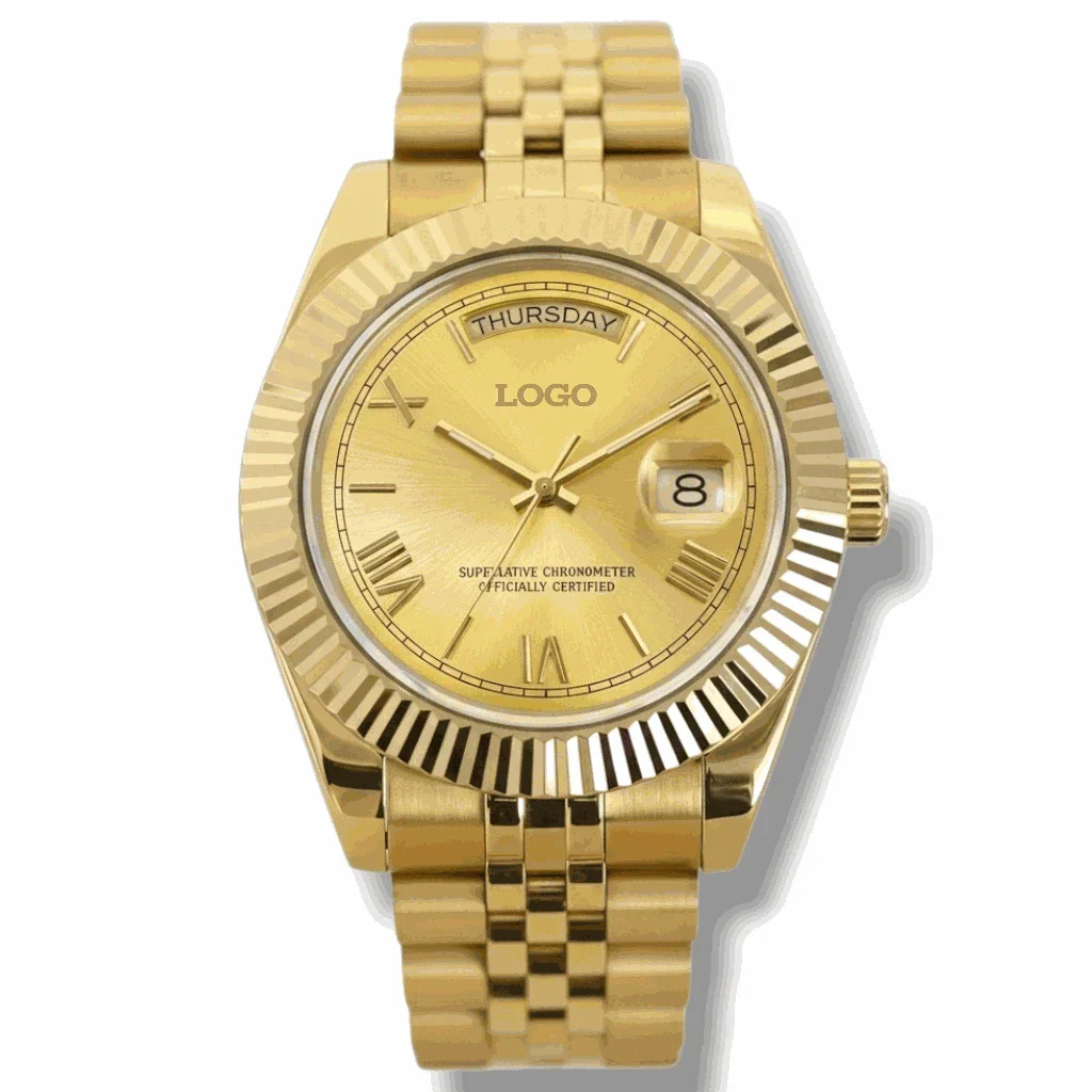 Modded Seiko watch with gold Roman numeral dial and day-date display by Modtime