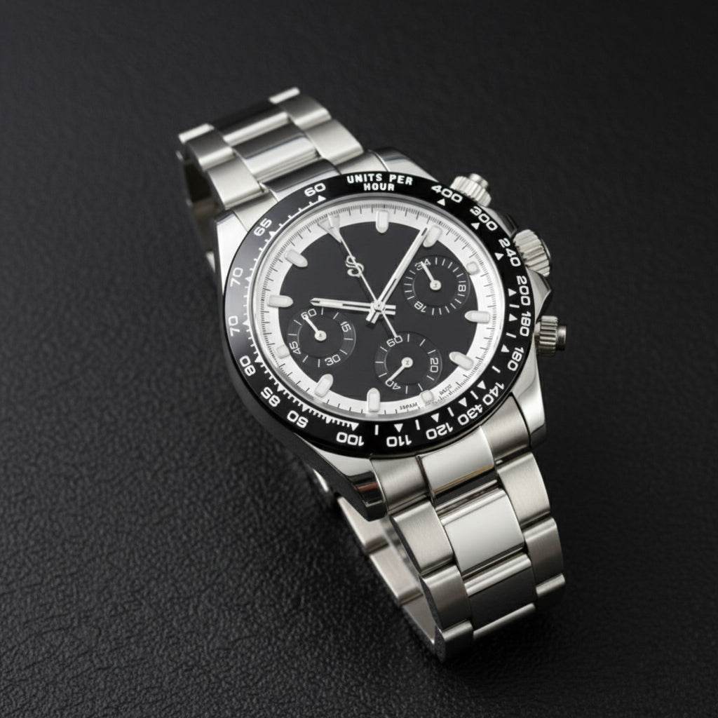 Seitona Black Seiko mod watch with white dial and stainless steel case