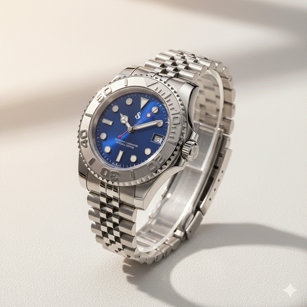 SeikMaster Rhodium Blue Sea modded Seiko diver watch with luxury sapphire crystal and stainless steel case