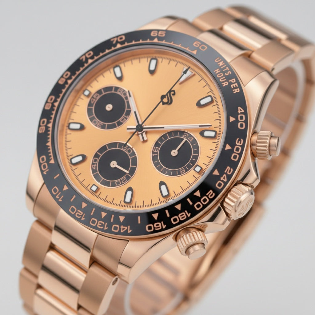 Seitona Rose Gold Seiko Mod watch with black dial and gold black ceramic bezel