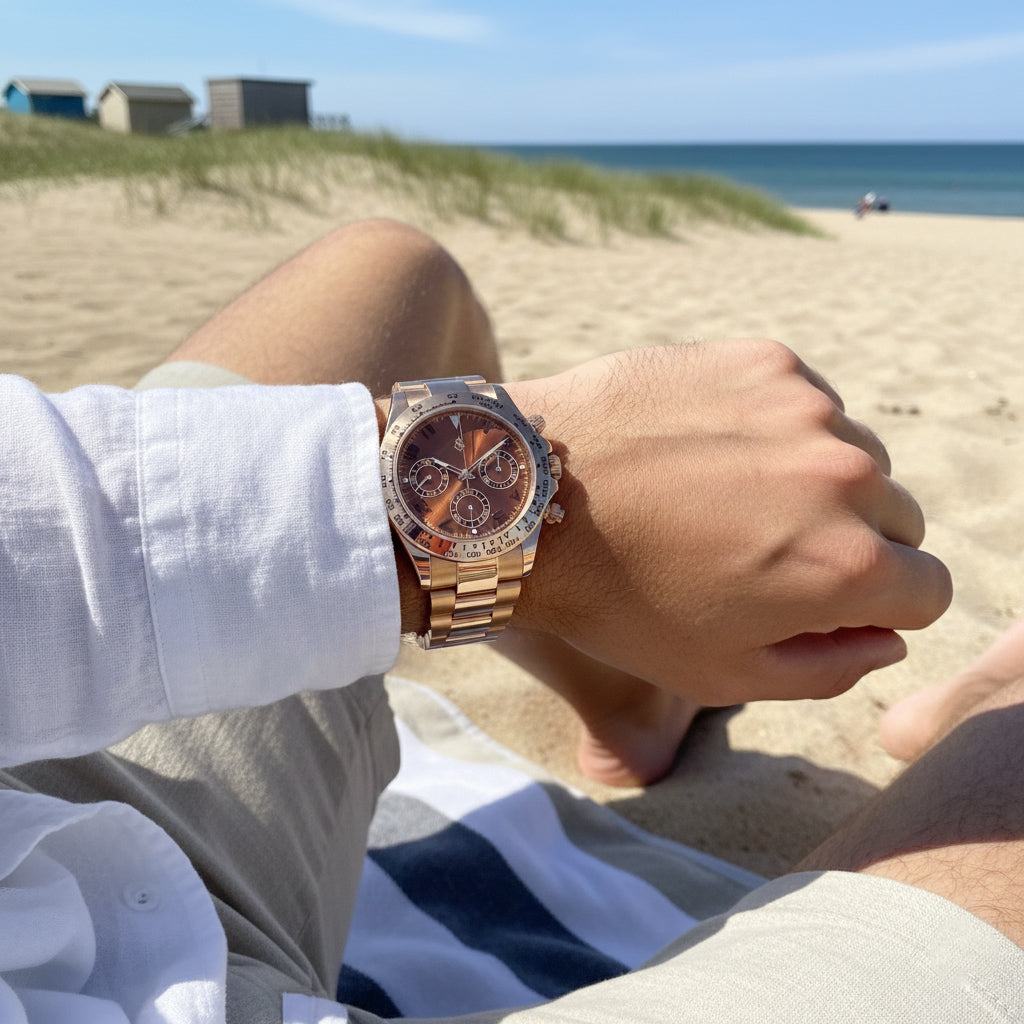 Seitona rose gold Seiko Mod watch with chocolate bronze dial and chronograph features