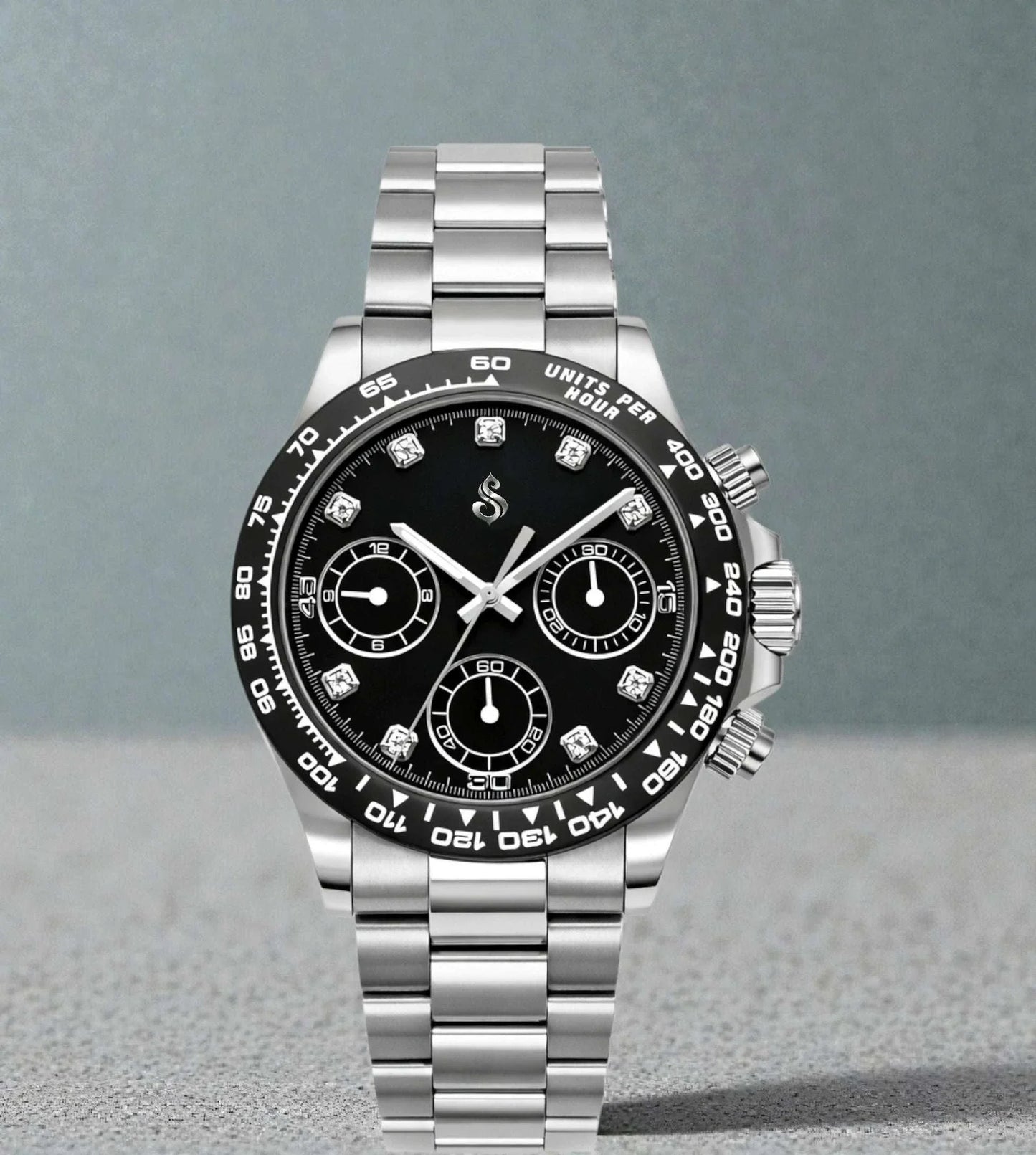 Seitona Seiko Mod watch with black diamond dial and silver stainless steel case